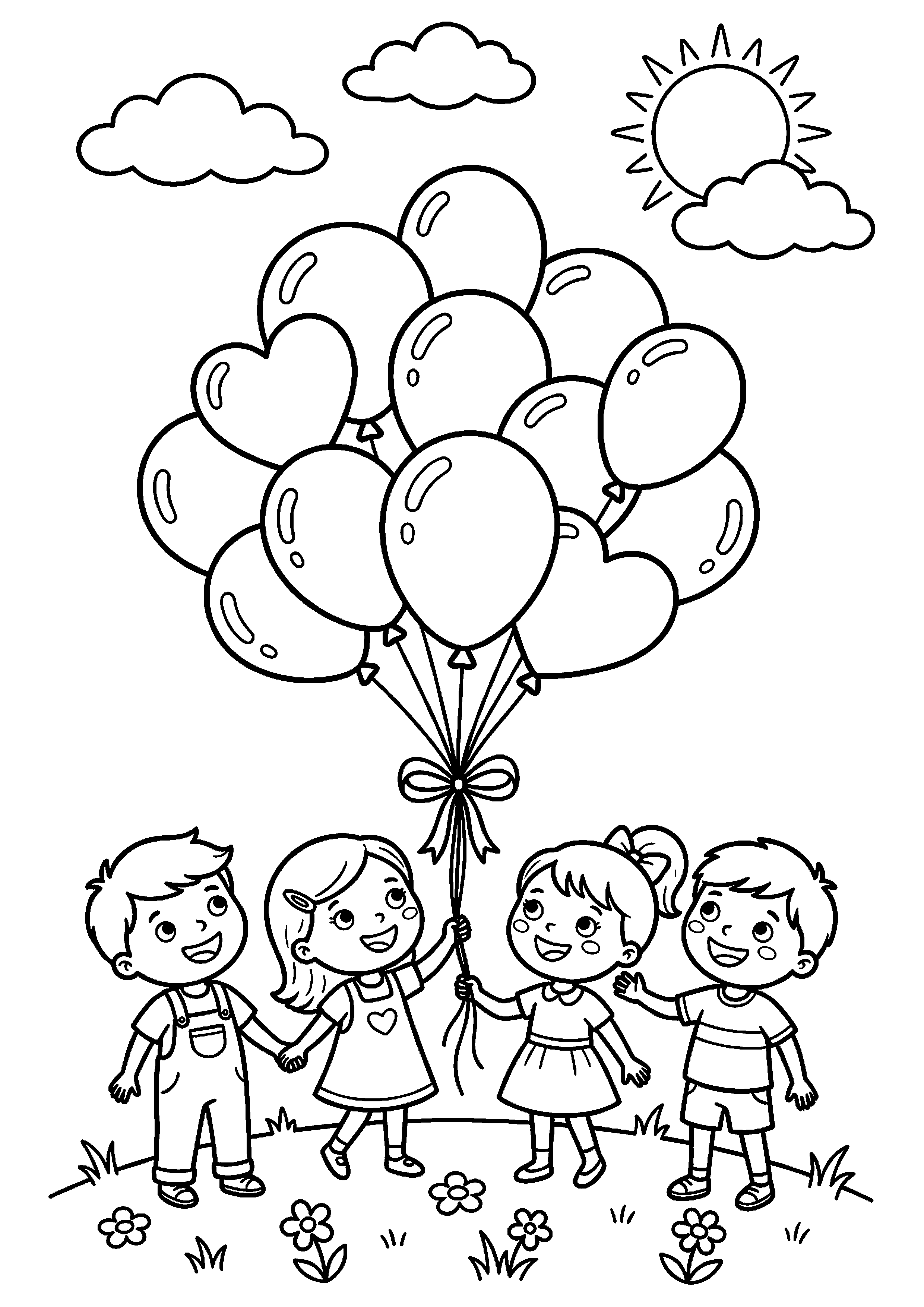 Ballonnen met kinderen eronder kleurplaat