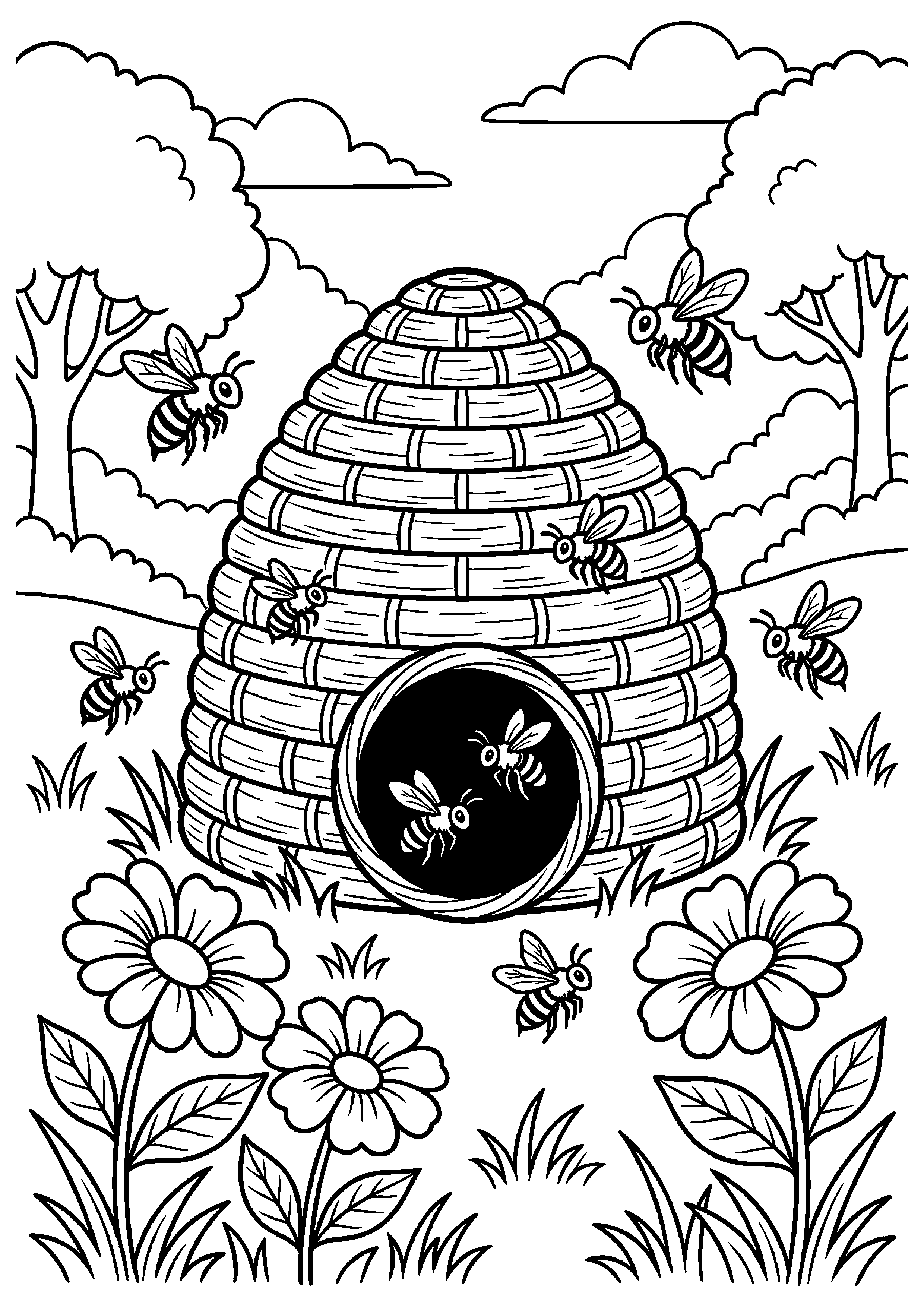 Bijenkorf met bijen kleurplaat