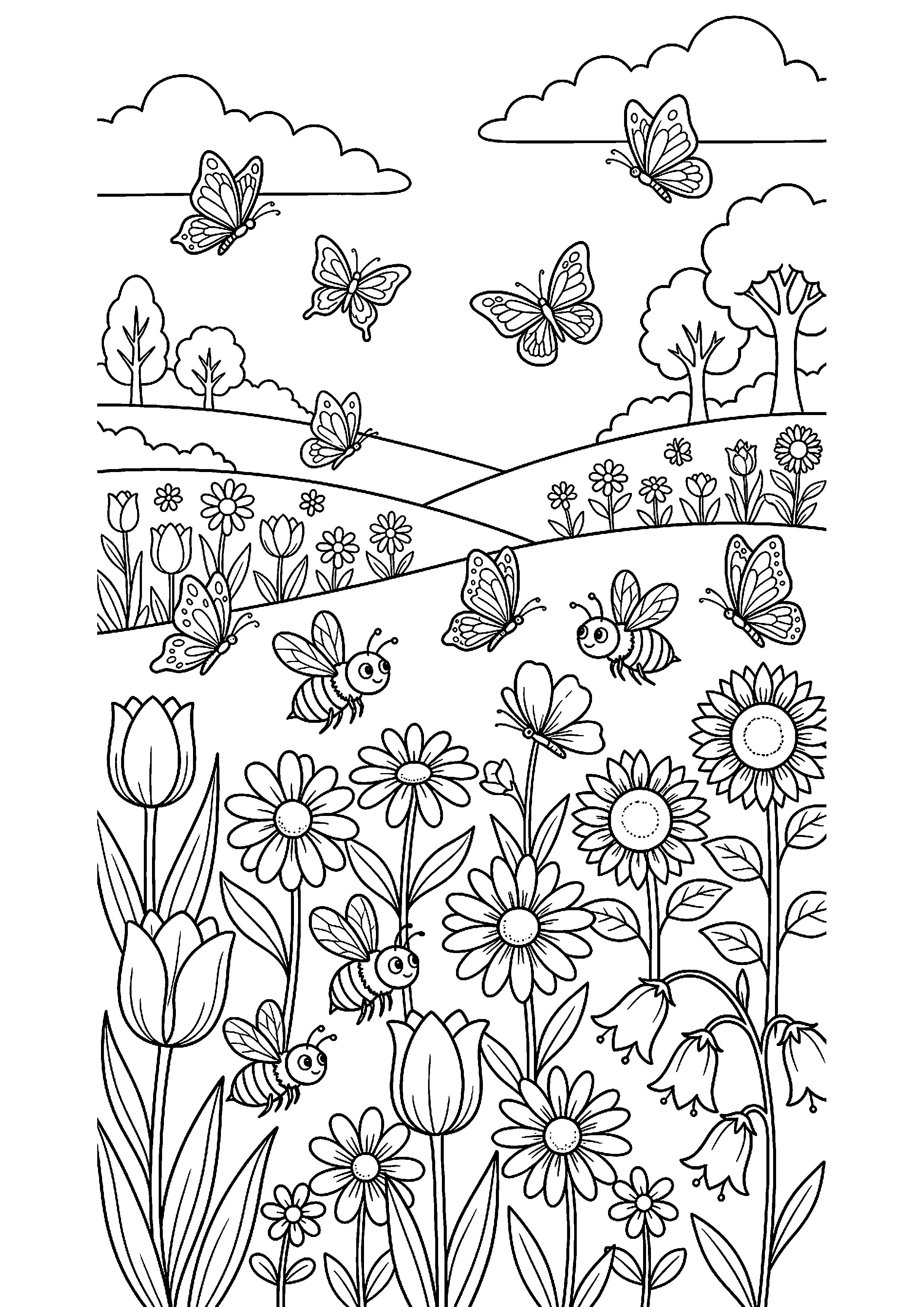 Bloemenveld met bijen en vlinders kleurplaat — gratis kleurplaat
