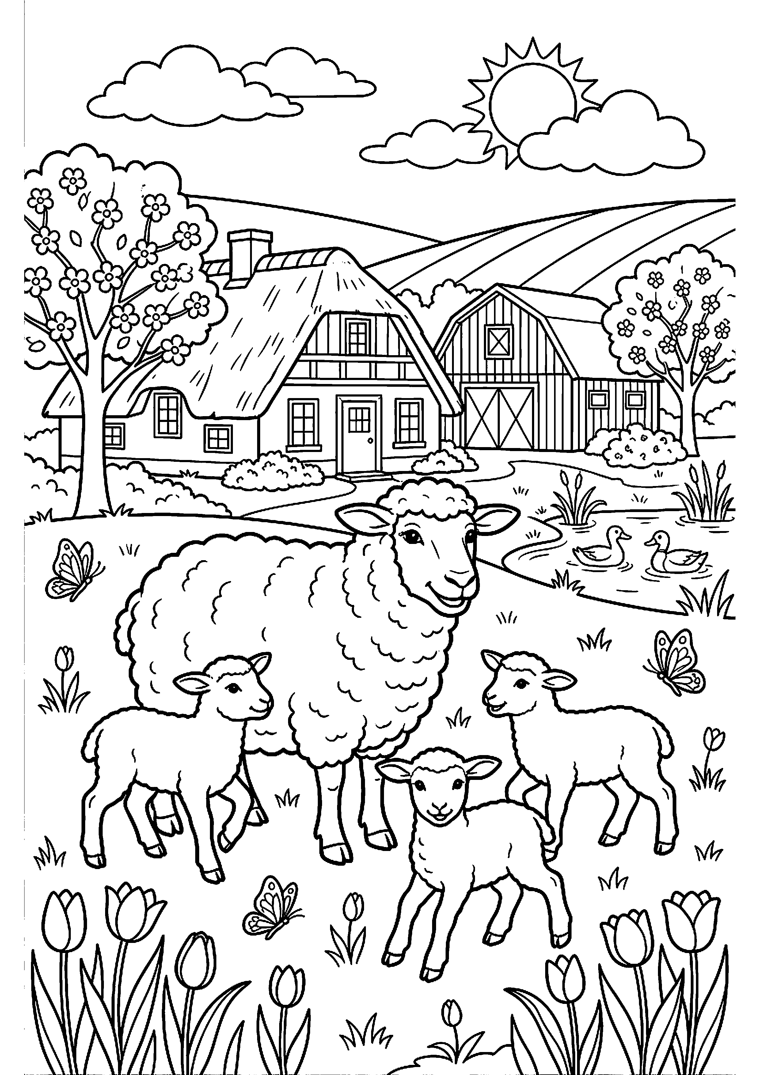 Boerderij in lente met lammetjes kleurplaat — gratis kleurplaat