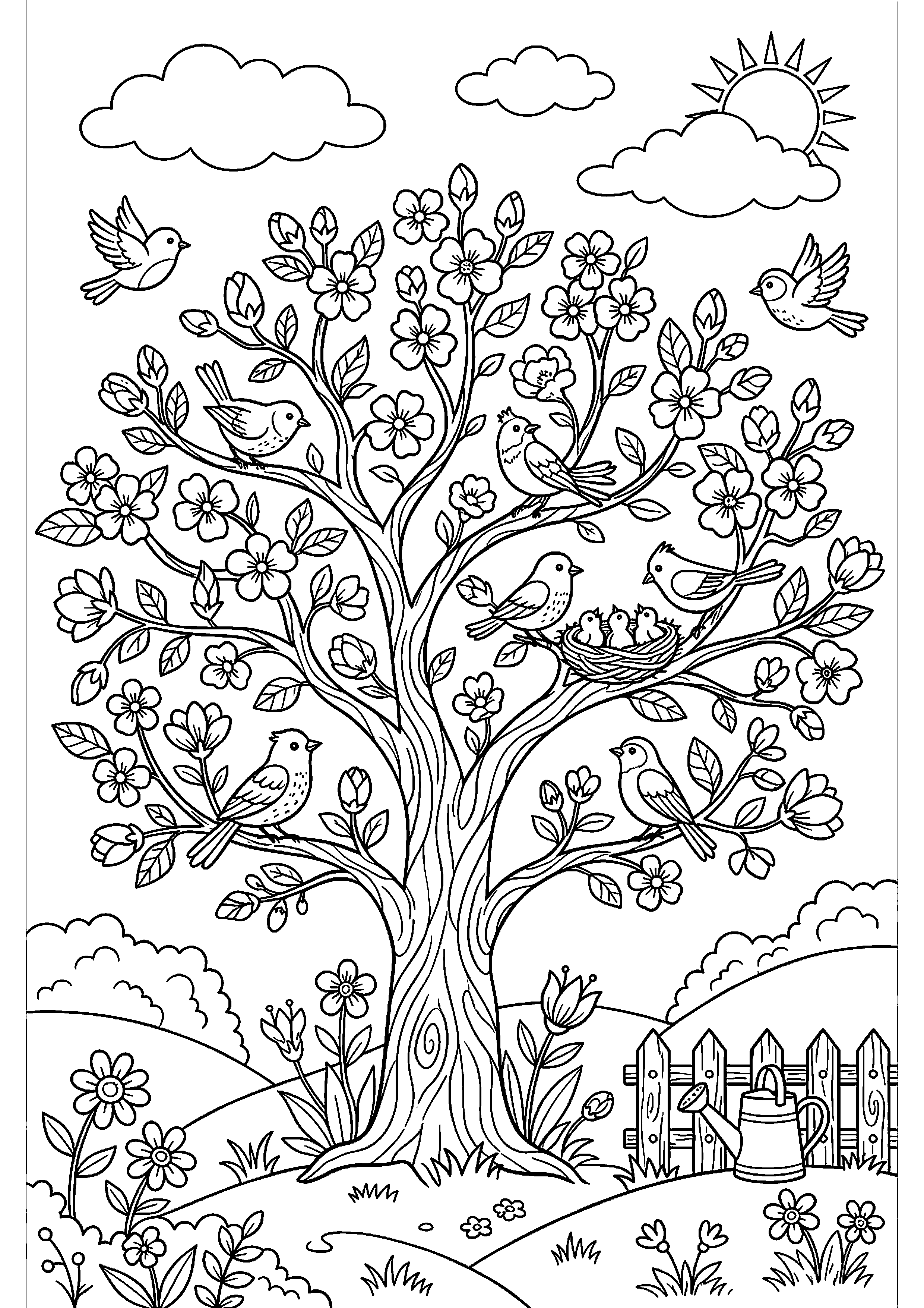 Boom vol bloesem met vogels kleurplaat — gratis kleurplaat