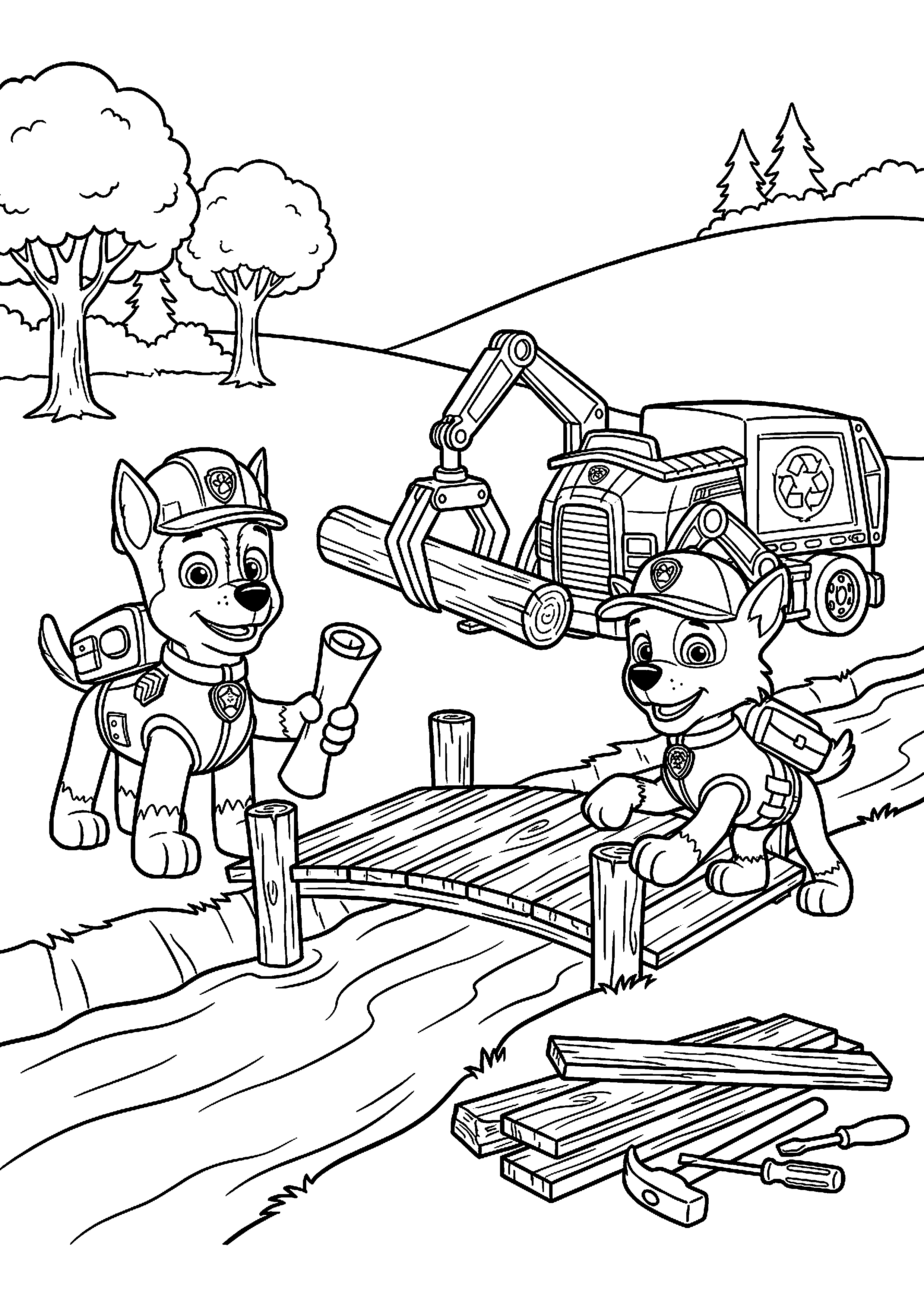 Chase en rocky bouwen brug kleurplaat