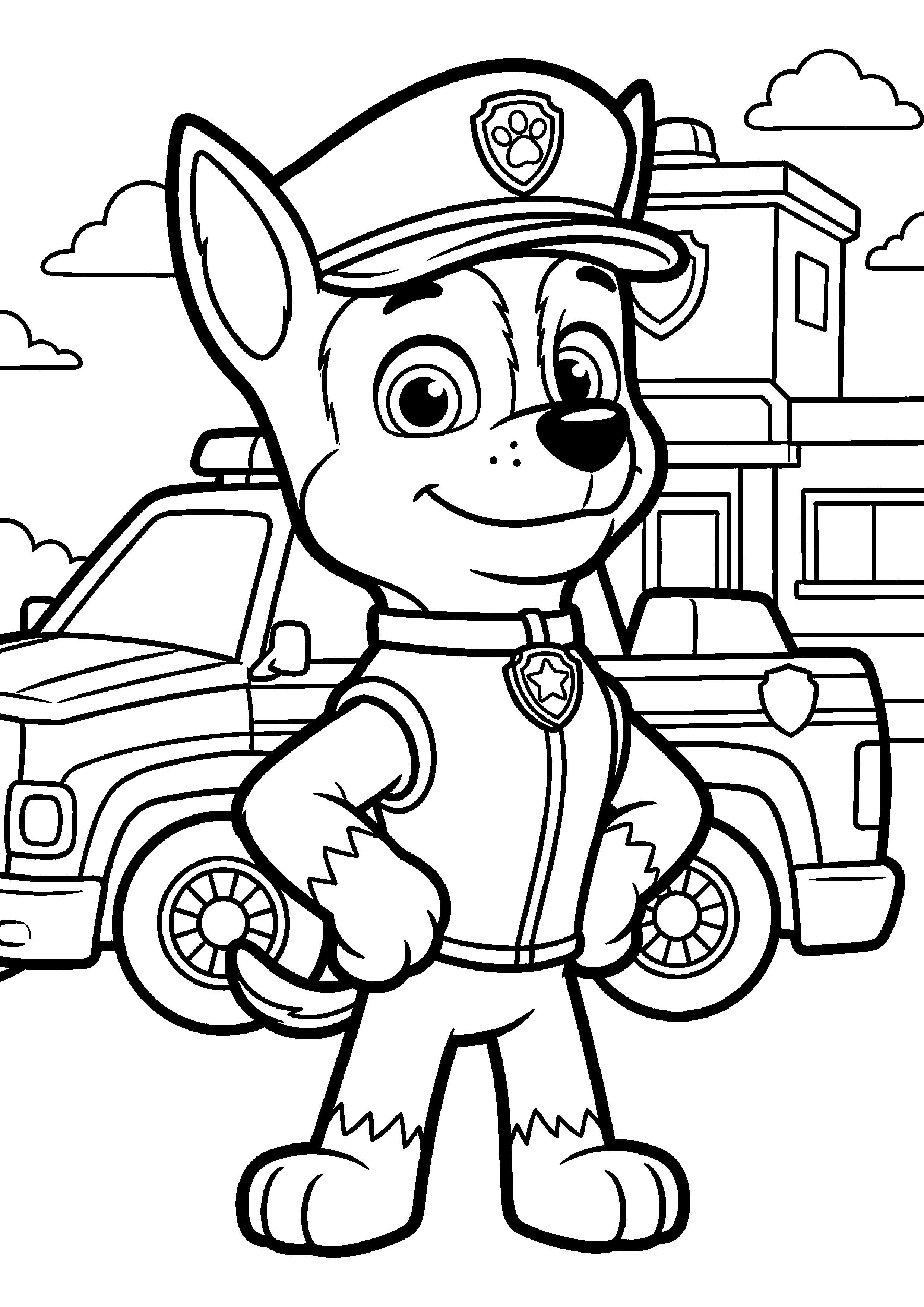 Chase staat trots met politiepet kleurplaat — gratis kleurplaat