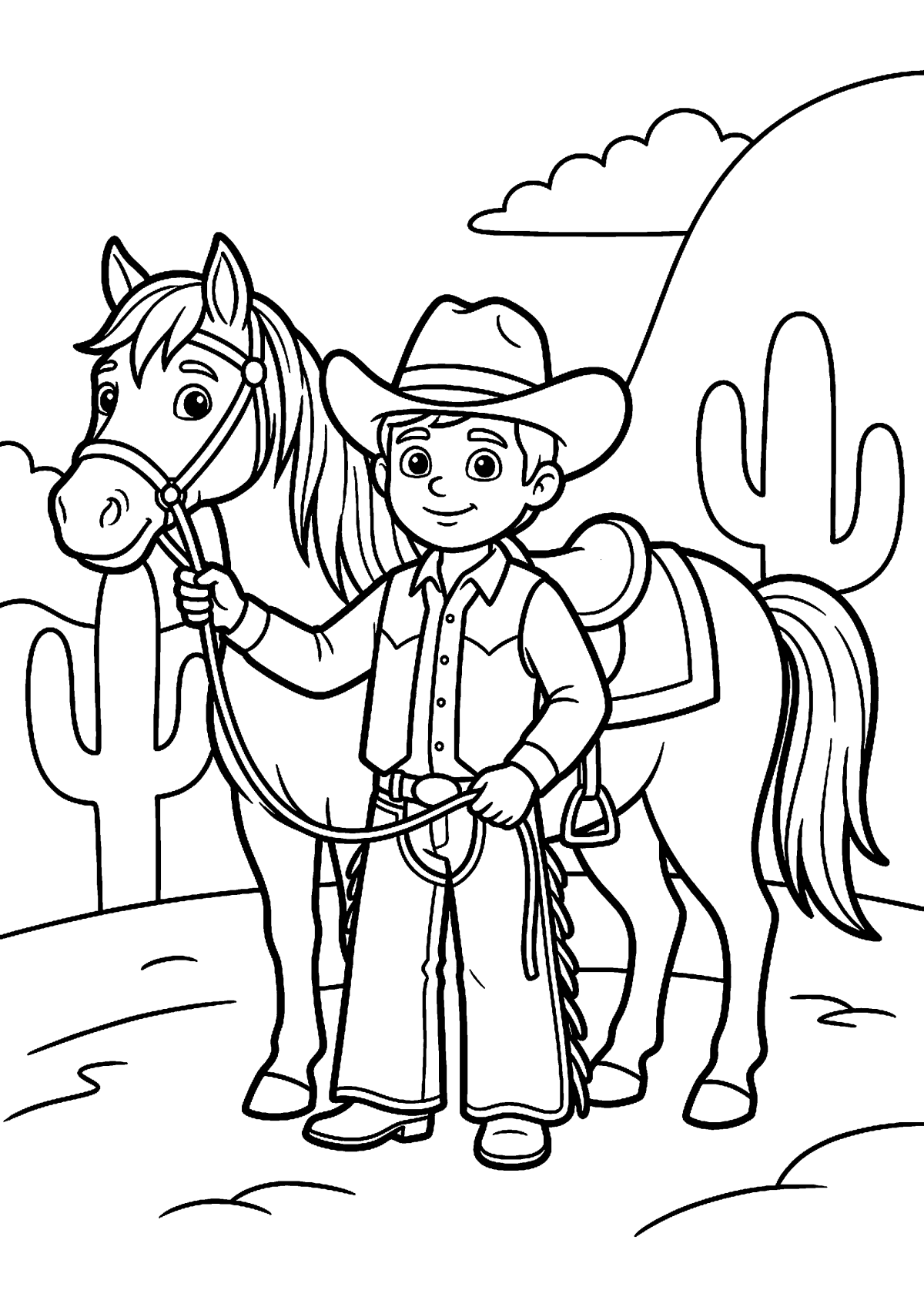 Cowboy met paard kleurplaat — gratis kleurplaat