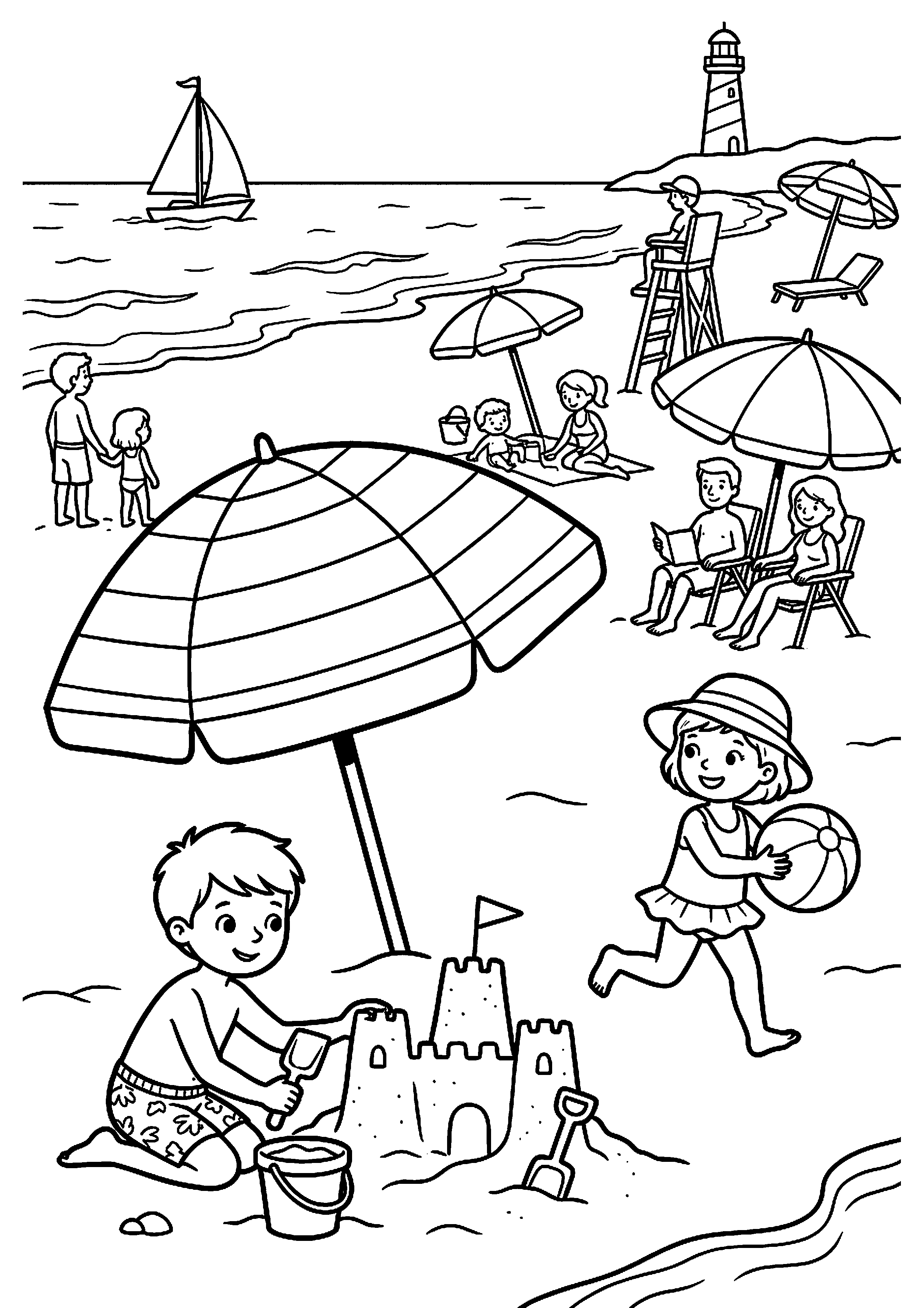 Druk strand met kinderen en parasols kleurplaat — gratis kleurplaat
