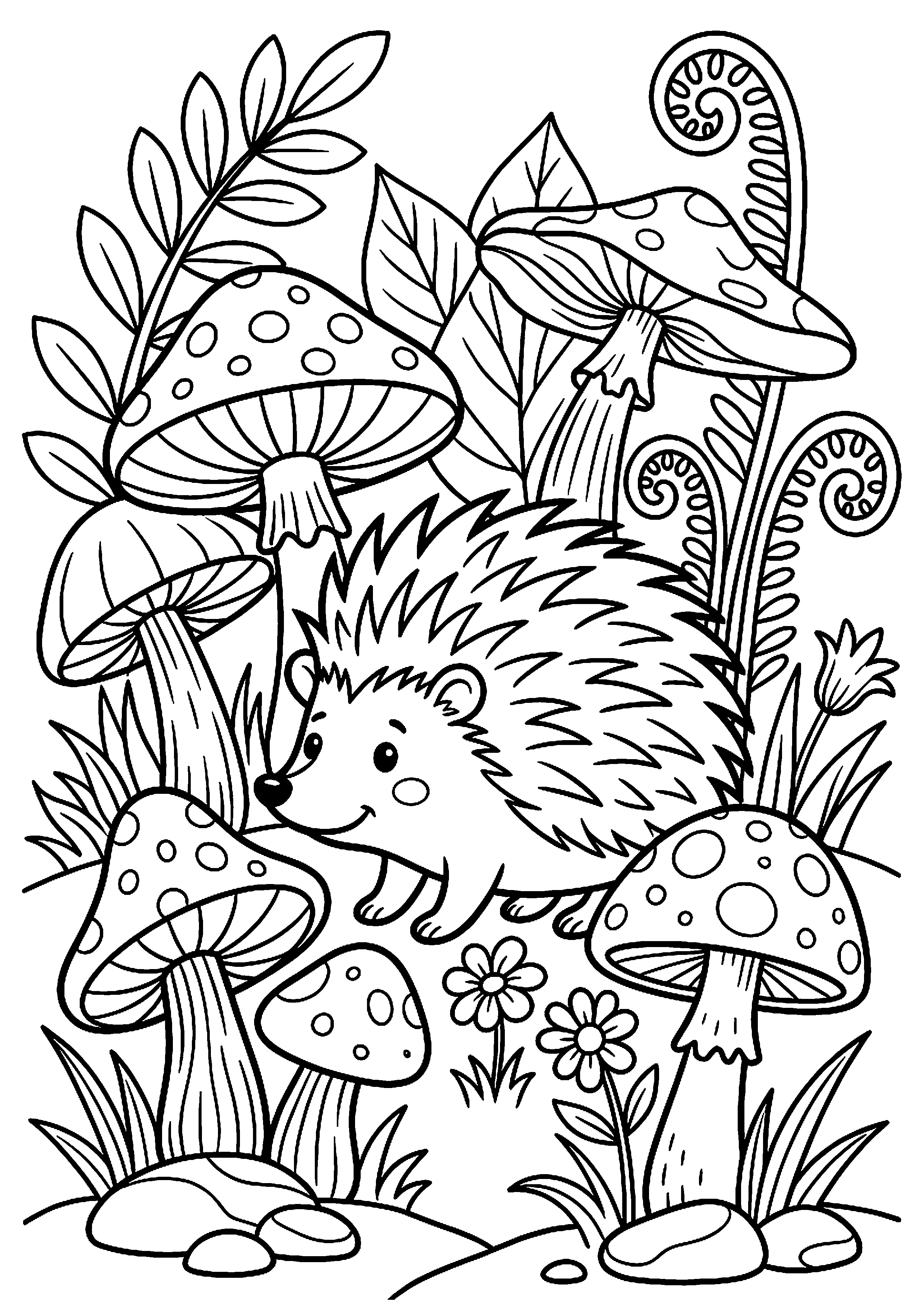Egel tussen paddenstoelen kleurplaat — gratis kleurplaat