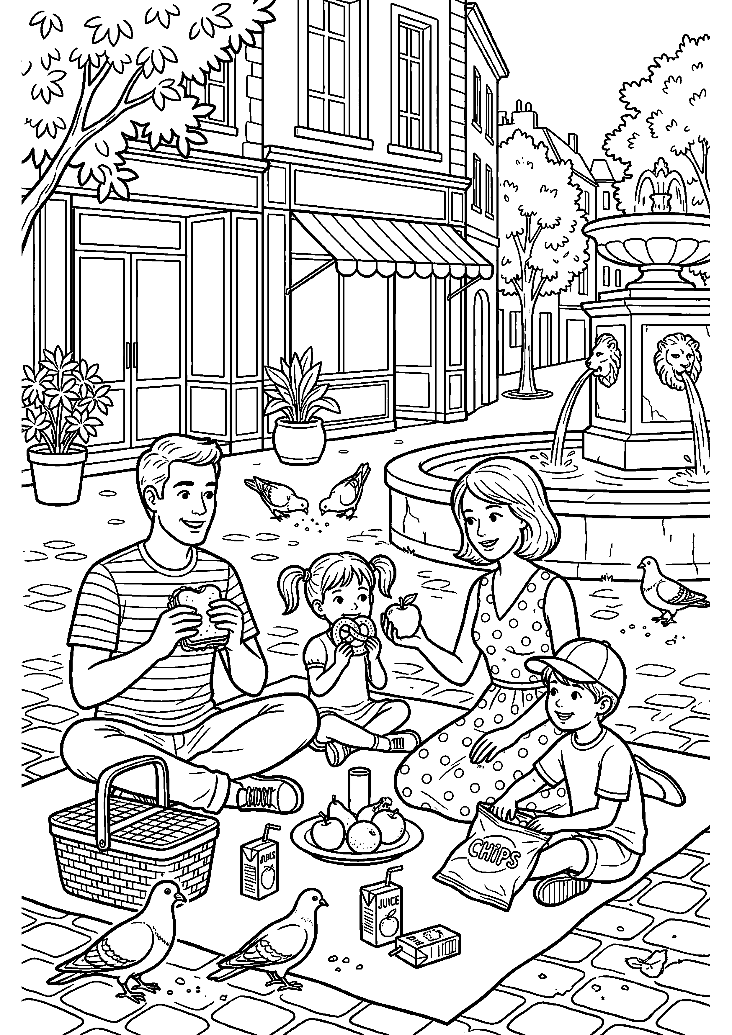 Familie eet snacks op plein kleurplaat — gratis kleurplaat