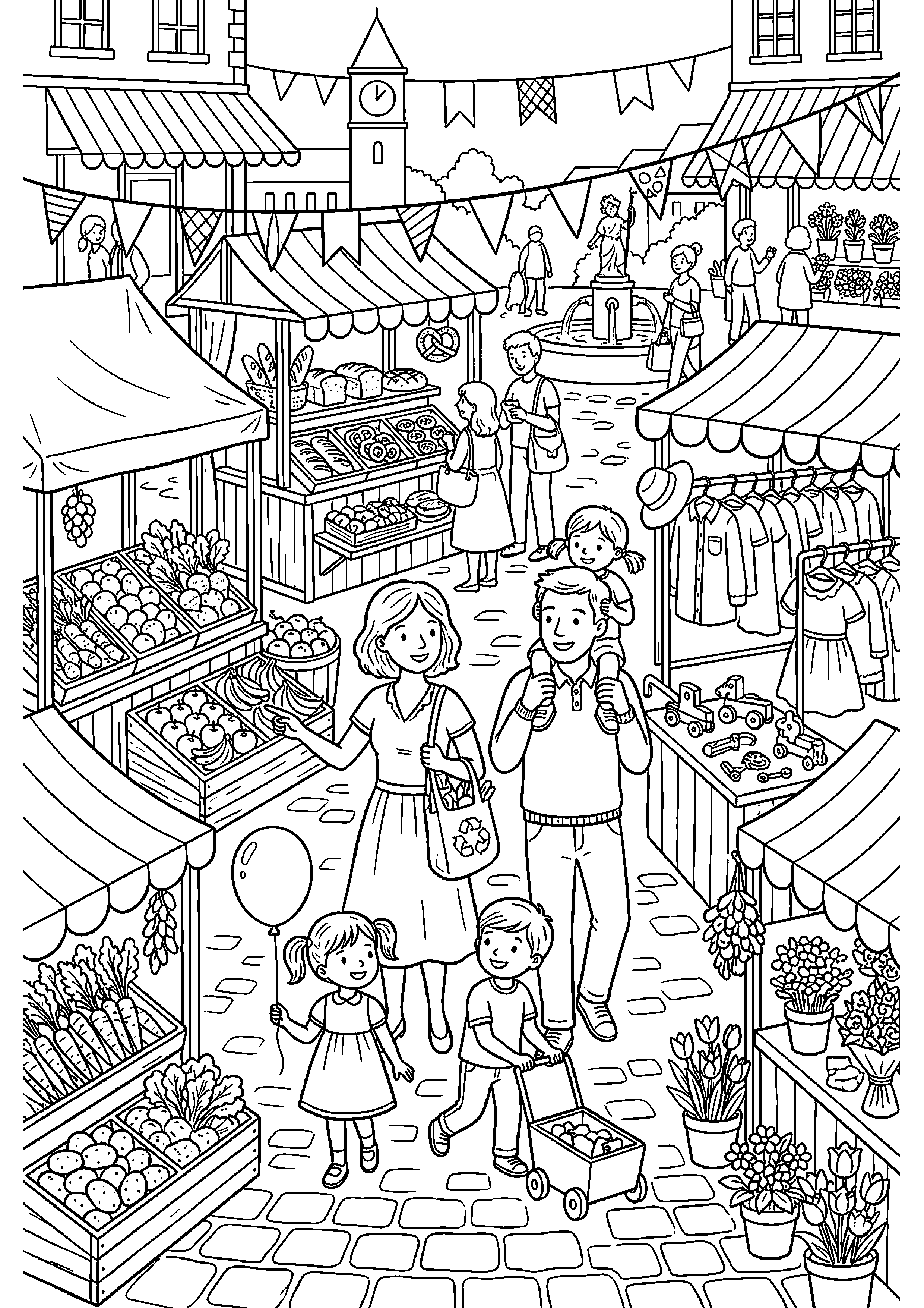 Familie op druk marktplein kleurplaat — gratis kleurplaat