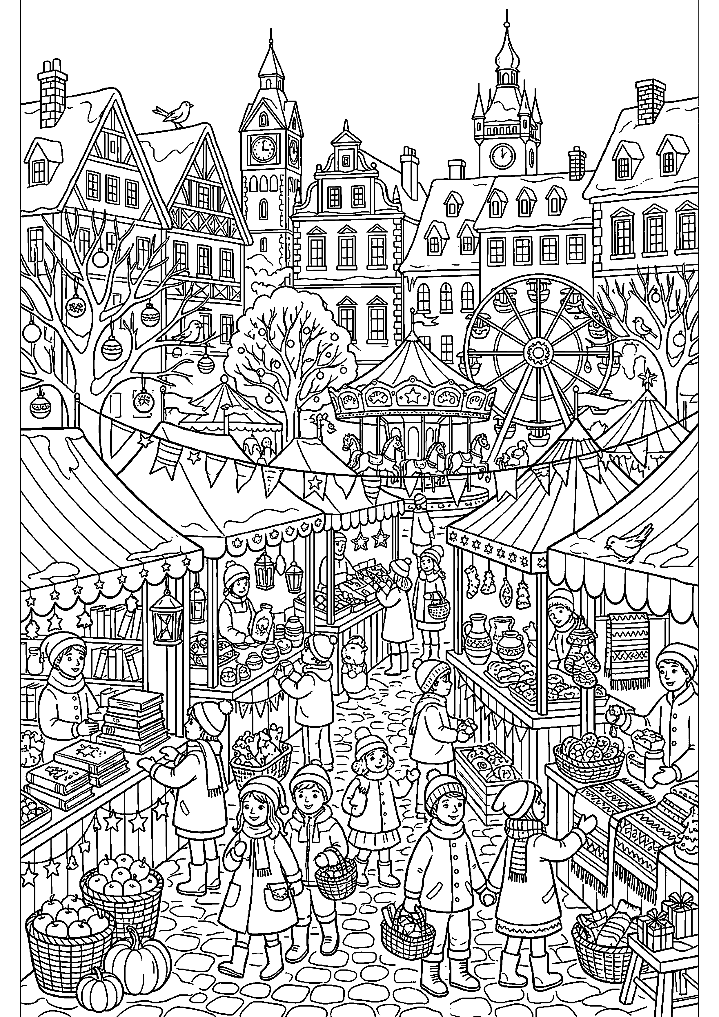 Feestelijke markt met veel kraampjes kleurplaat — gratis kleurplaat