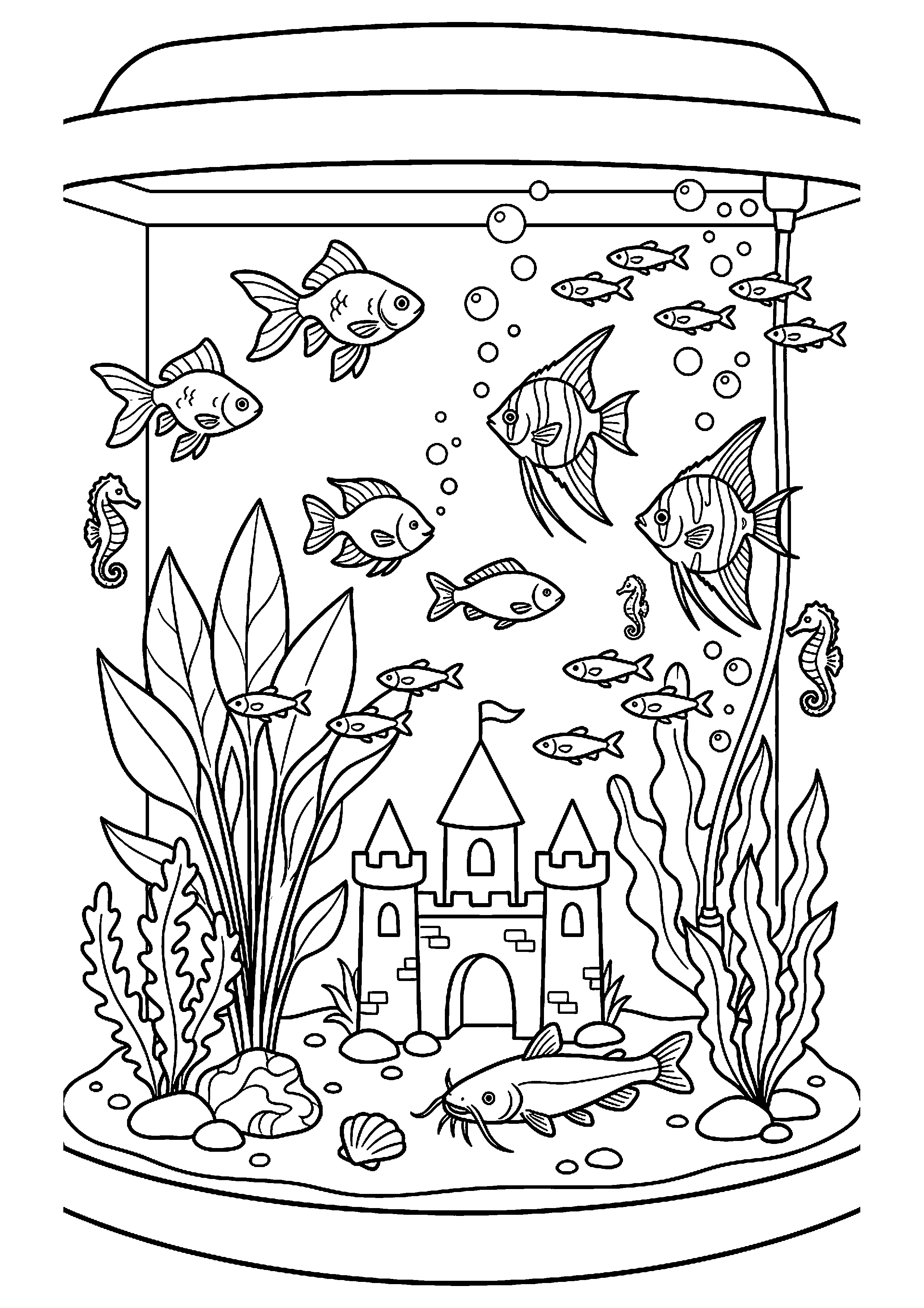 Groot aquarium met veel vissen kleurplaat — gratis kleurplaat