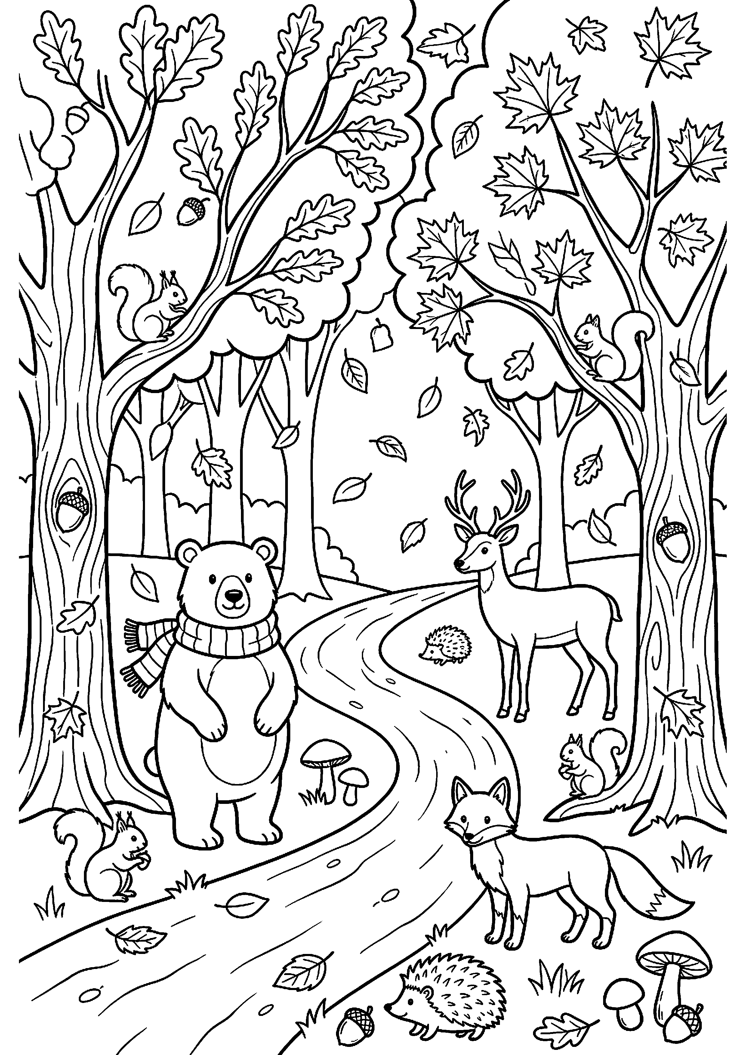 Groot herfstbos met dieren kleurplaat — gratis kleurplaat