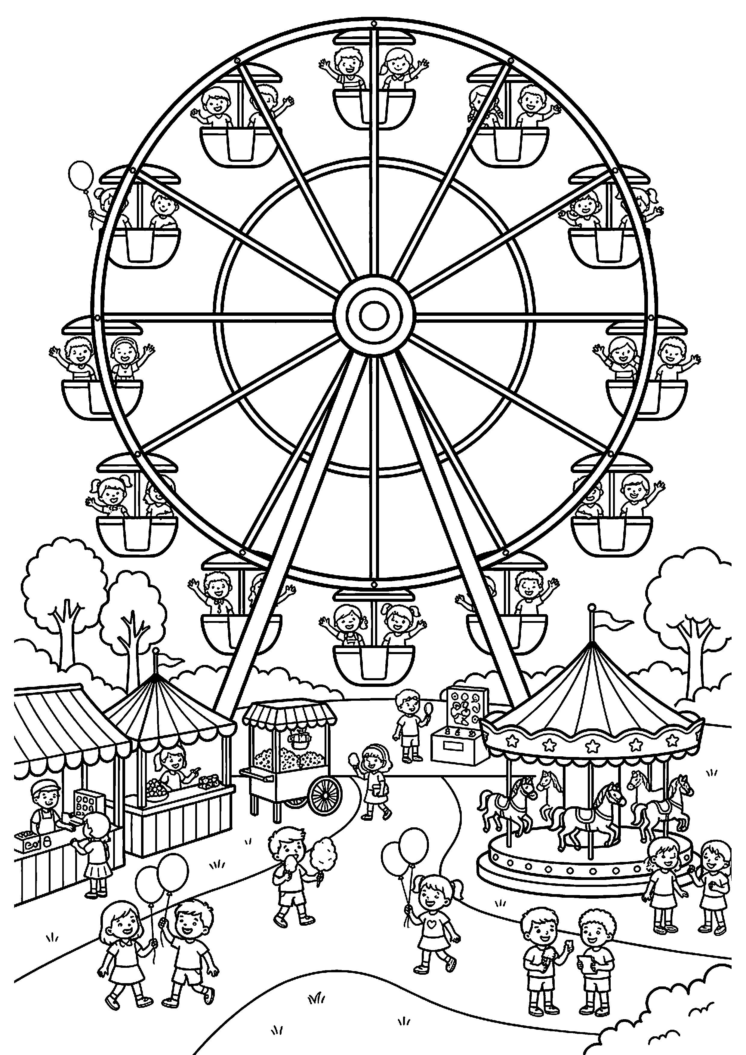 Groot reuzenrad op kermis met kinderen kleurplaat — gratis kleurplaat
