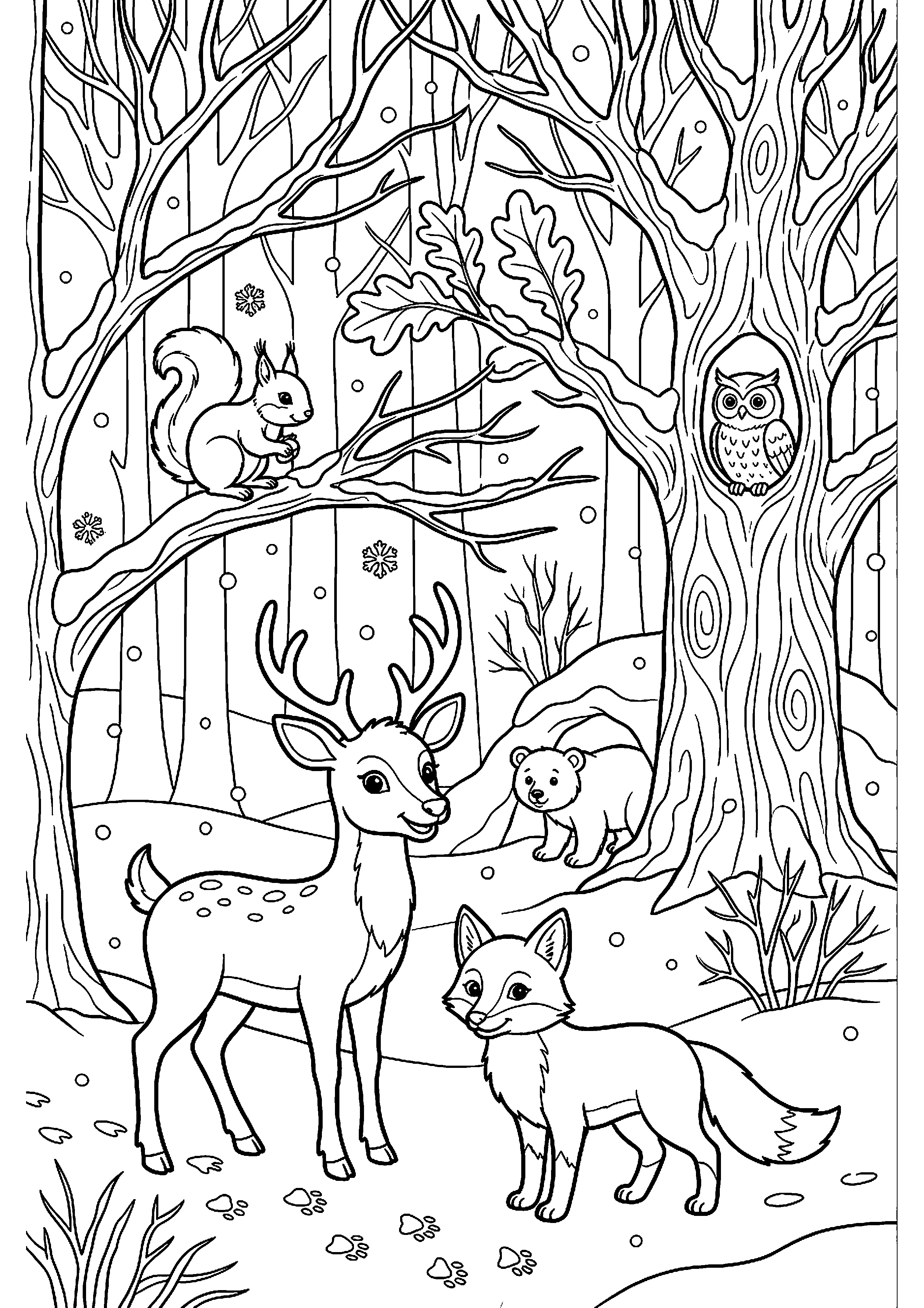 Groot winterbos met dieren kleurplaat — gratis kleurplaat