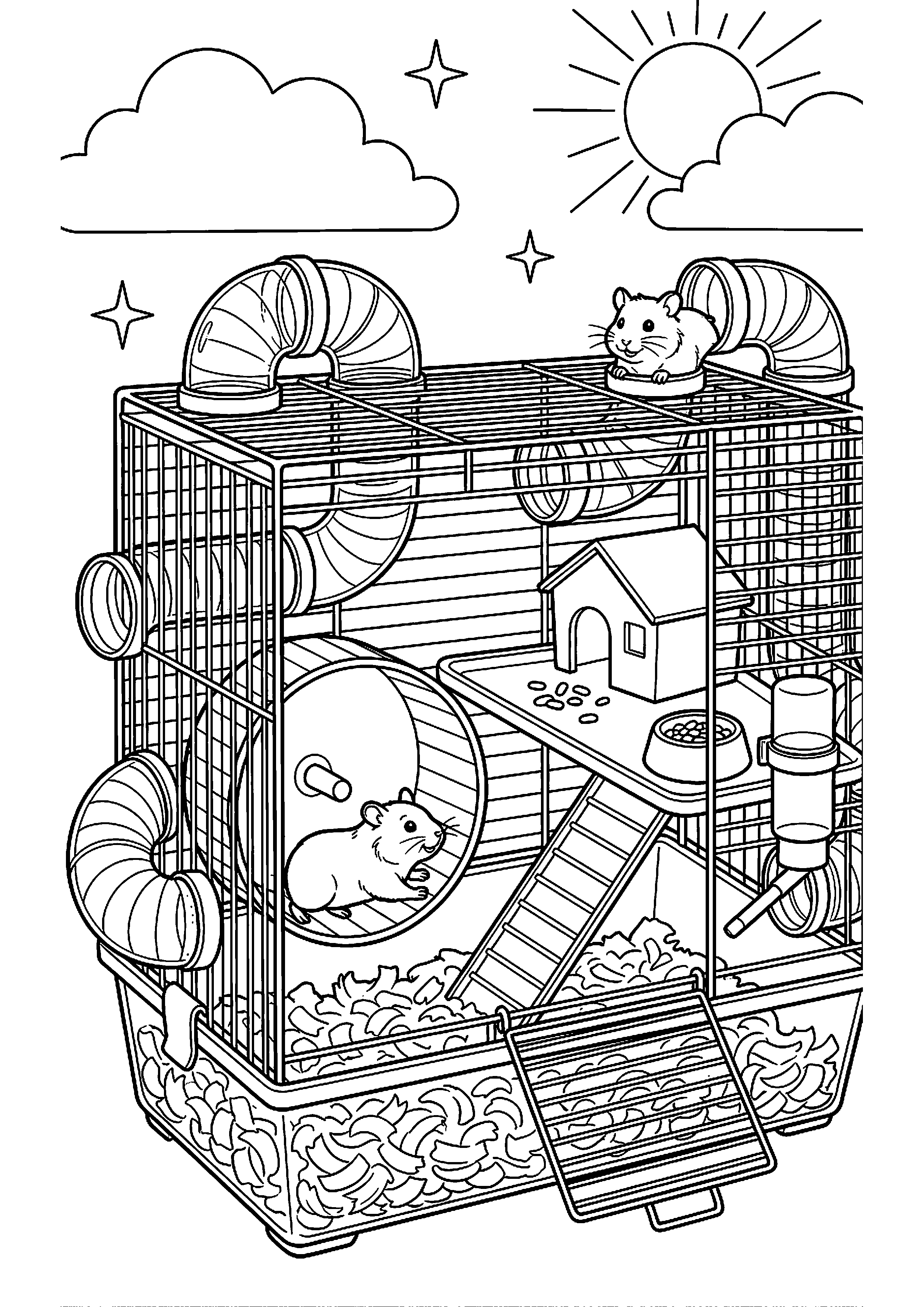 Hamsterkooi met tunnels en rad kleurplaat — gratis kleurplaat