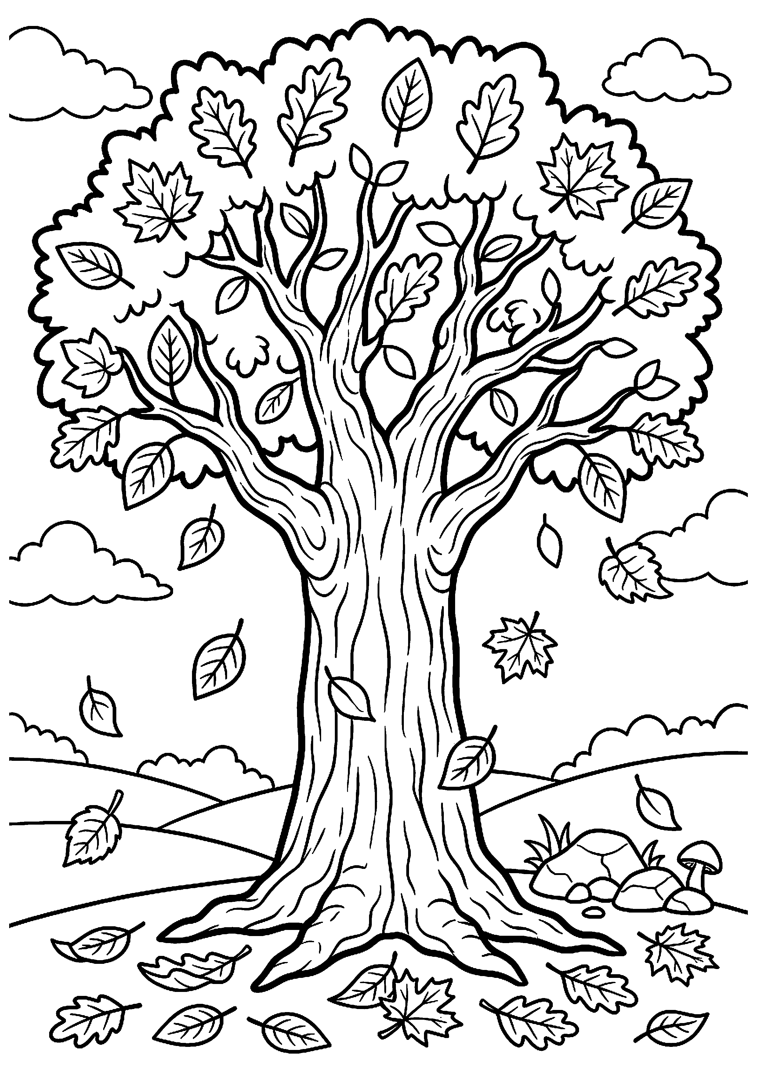 Herfstboom met vallende bladeren kleurplaat — gratis kleurplaat