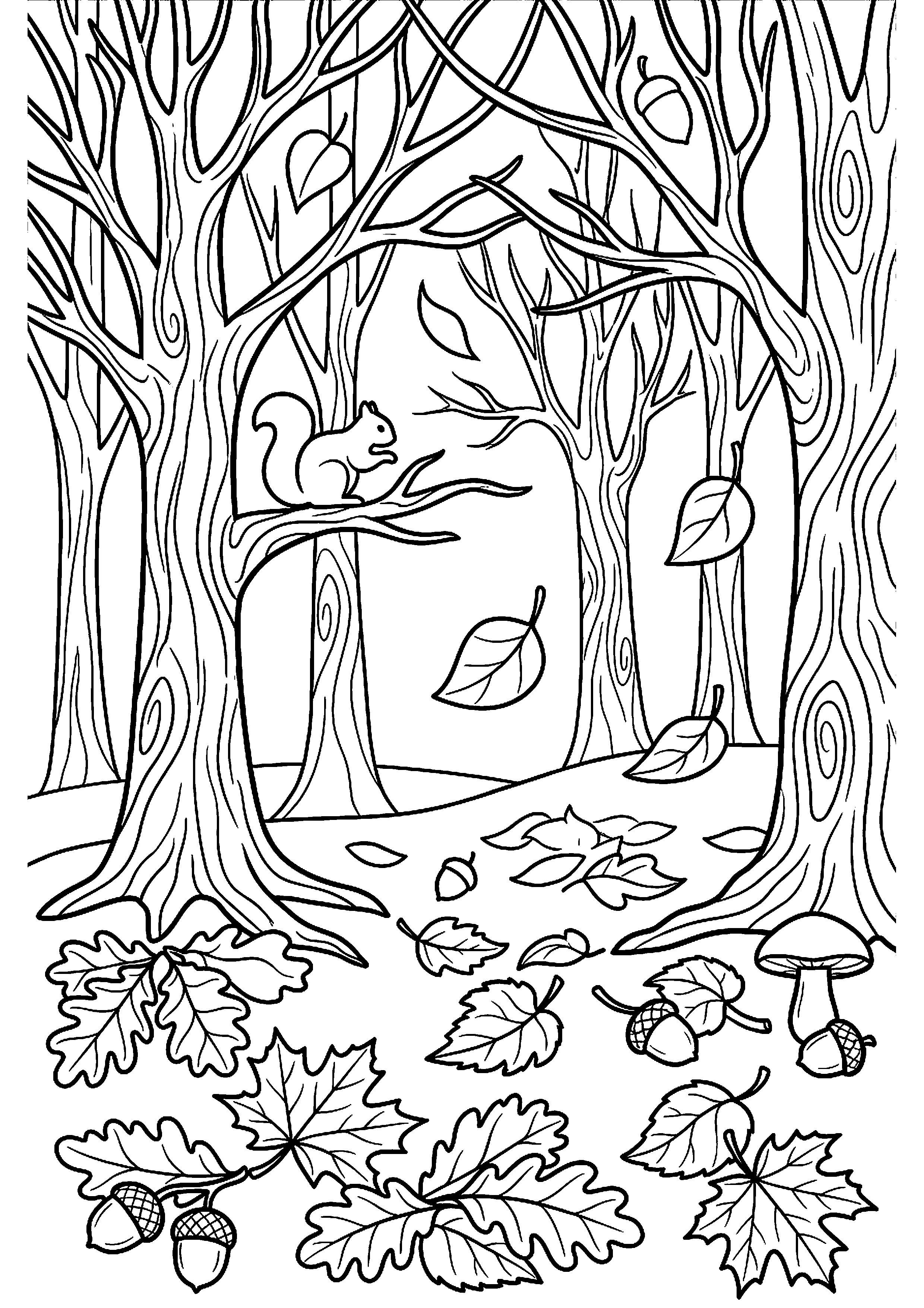 Herfstbos met bladeren op grond kleurplaat — gratis kleurplaat