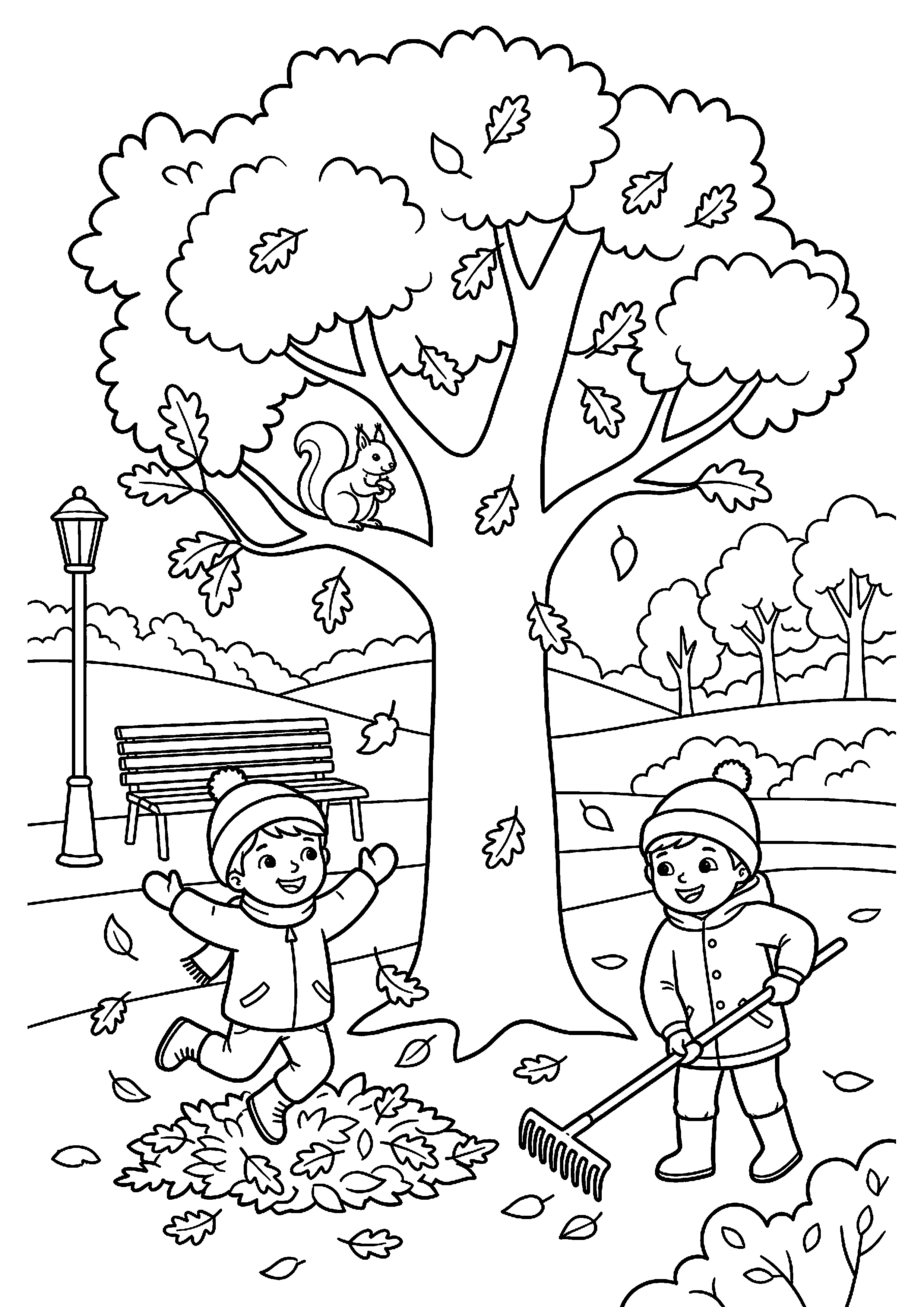 Herfstpark met kinderen en bladeren kleurplaat — gratis kleurplaat