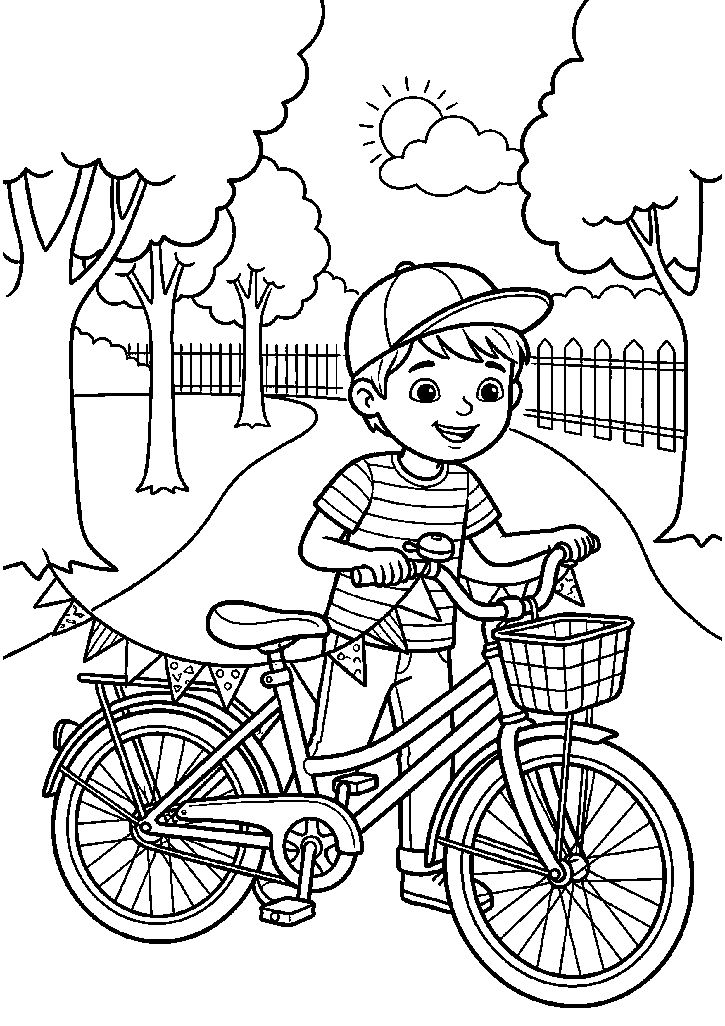 Jongen met fiets versierd met vlaggetjes kleurplaat — gratis kleurplaat