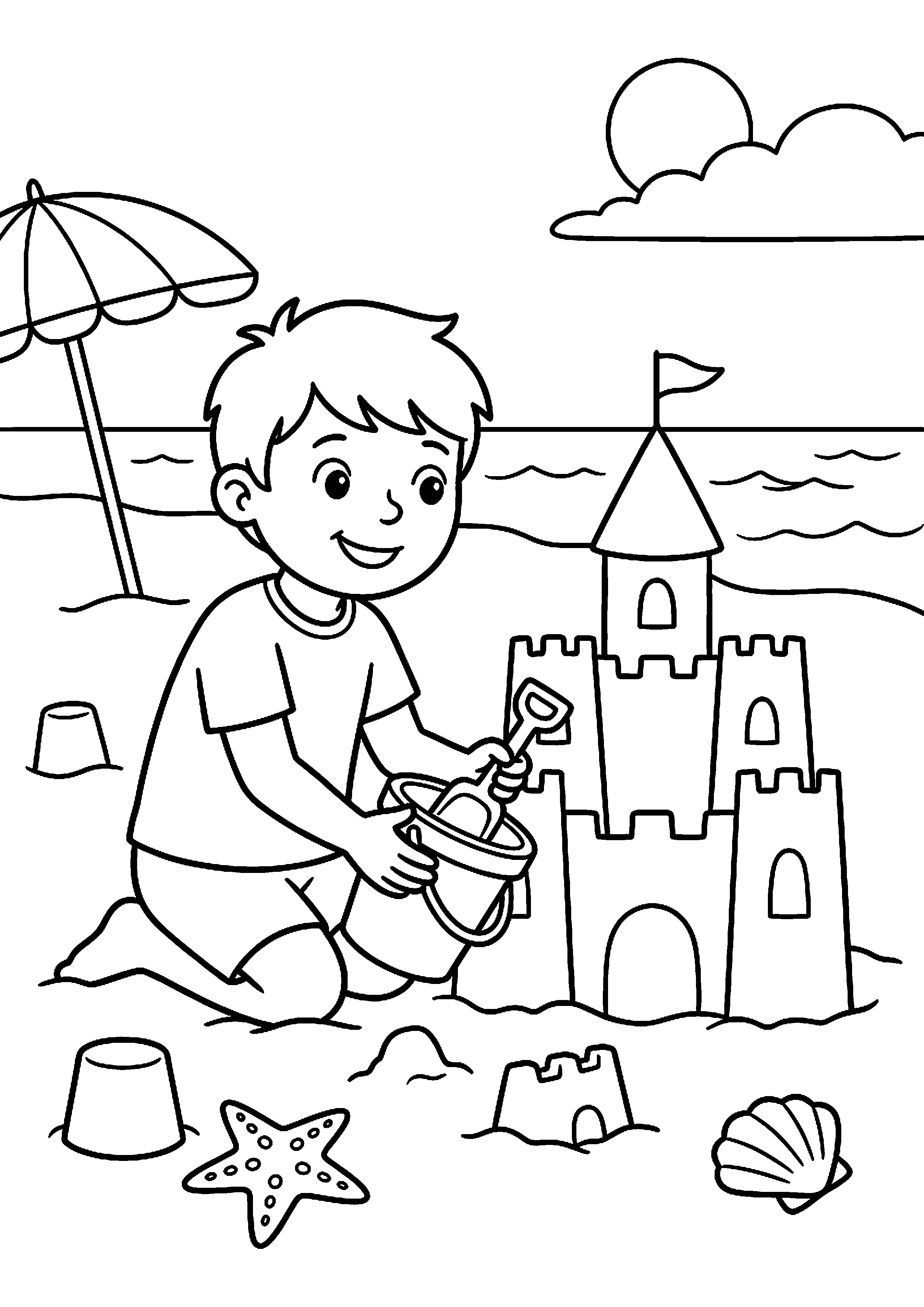 Kind bouwt zandkasteel kleurplaat — gratis kleurplaat