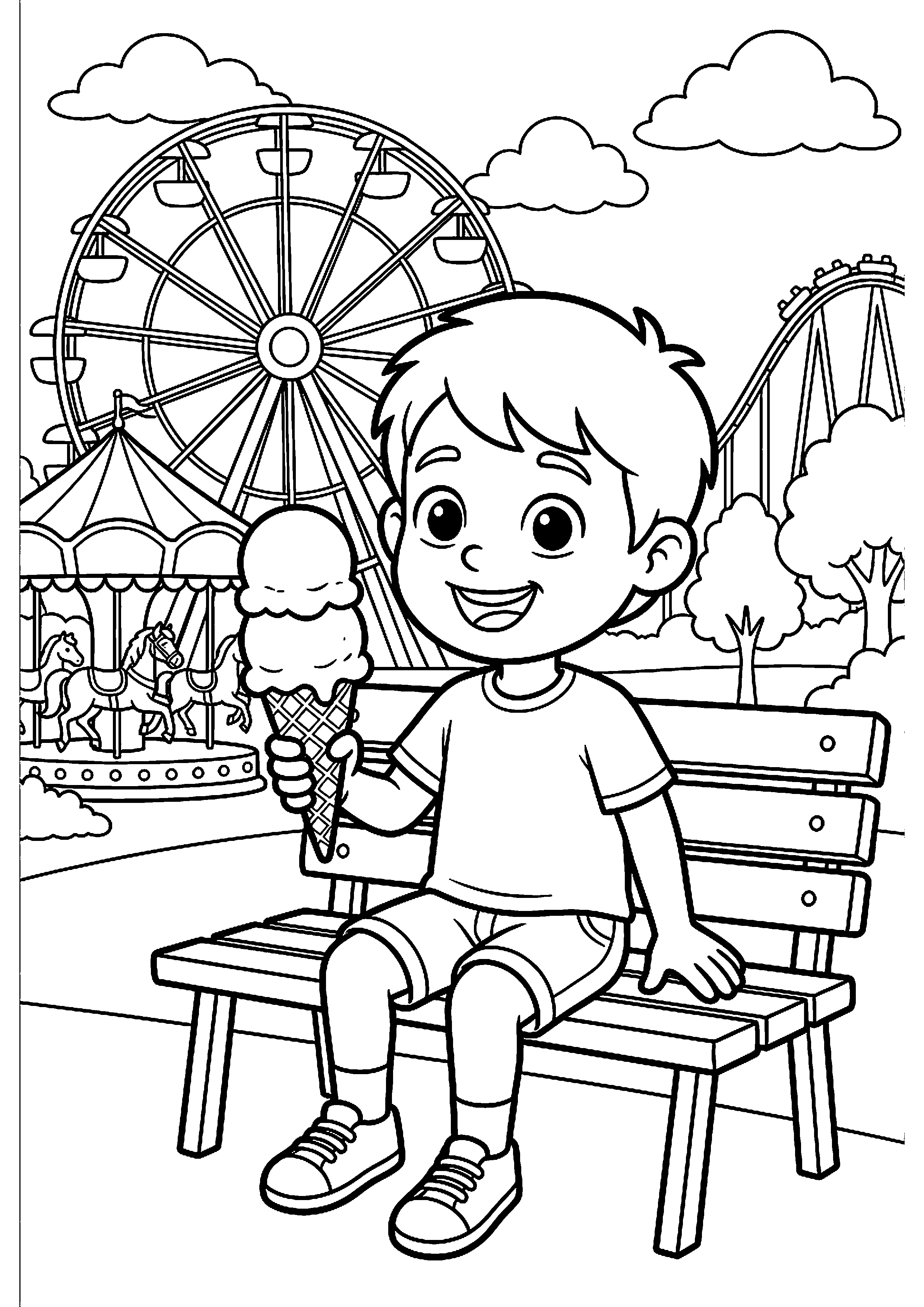Kind eet ijsje in pretpark kleurplaat — gratis kleurplaat