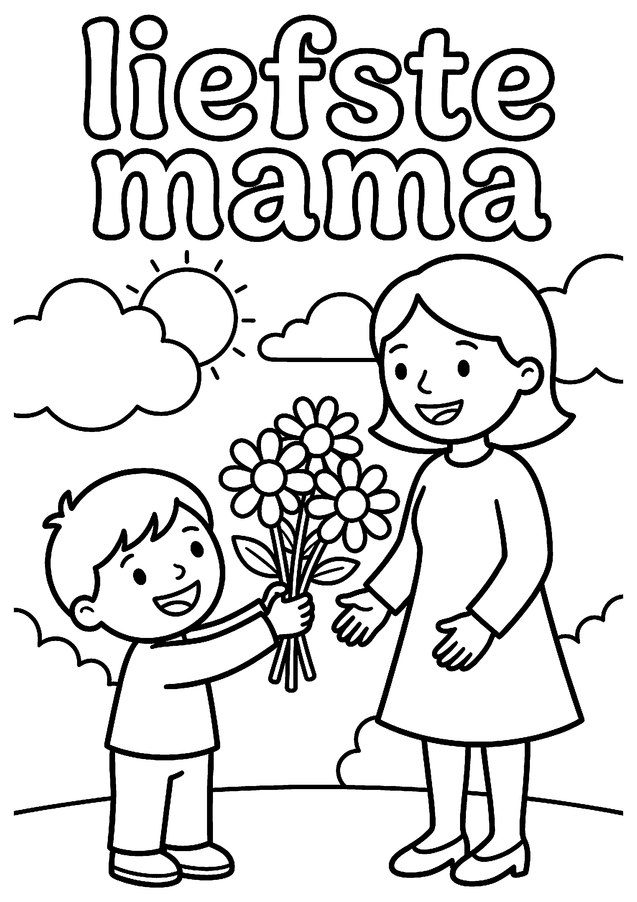 Kind geeft bloemen aan moeder met tekst liefs voor mama kleurplaat — gratis kleurplaat