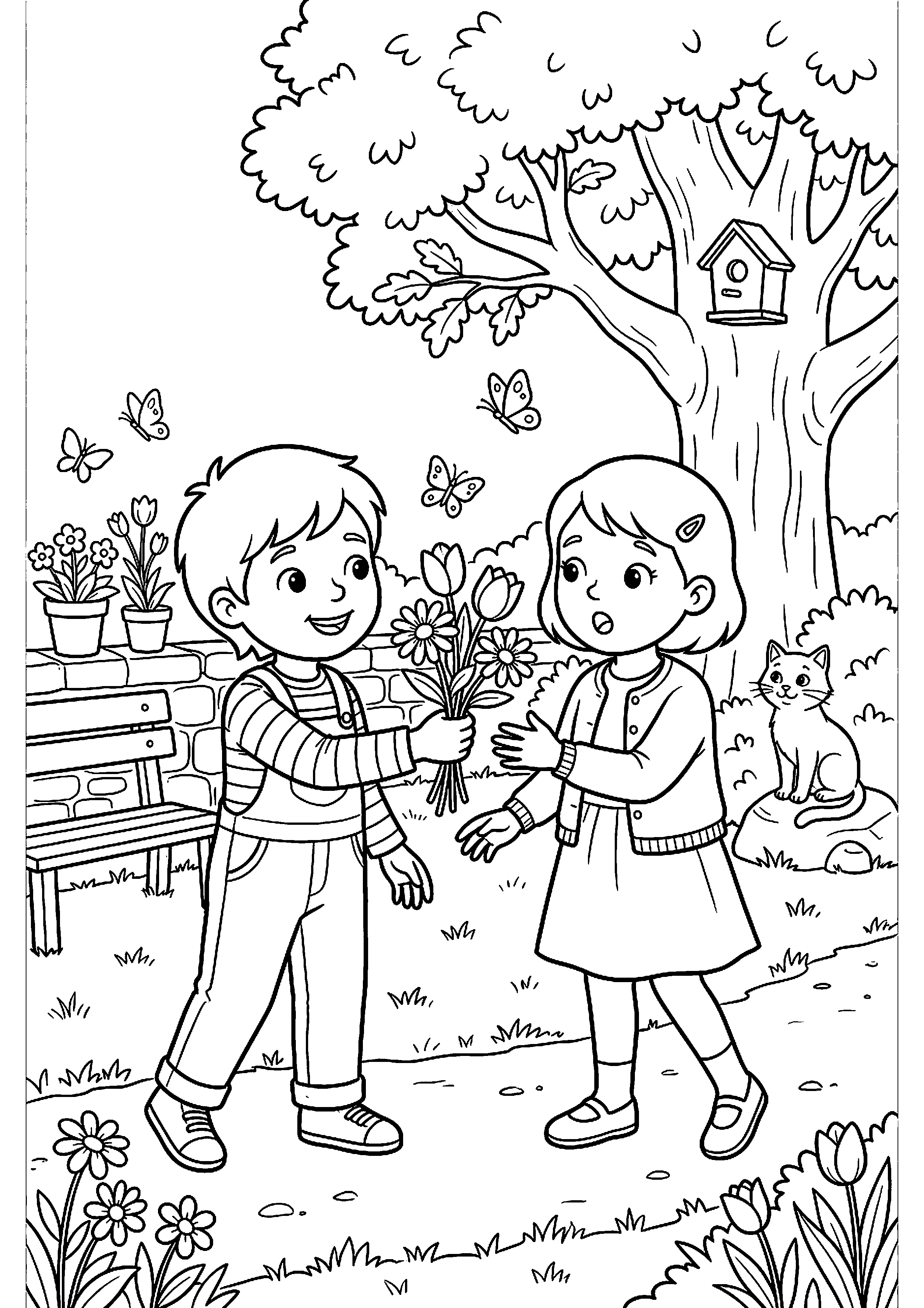 Kind geeft bloemen aan vriendje kleurplaat — gratis kleurplaat