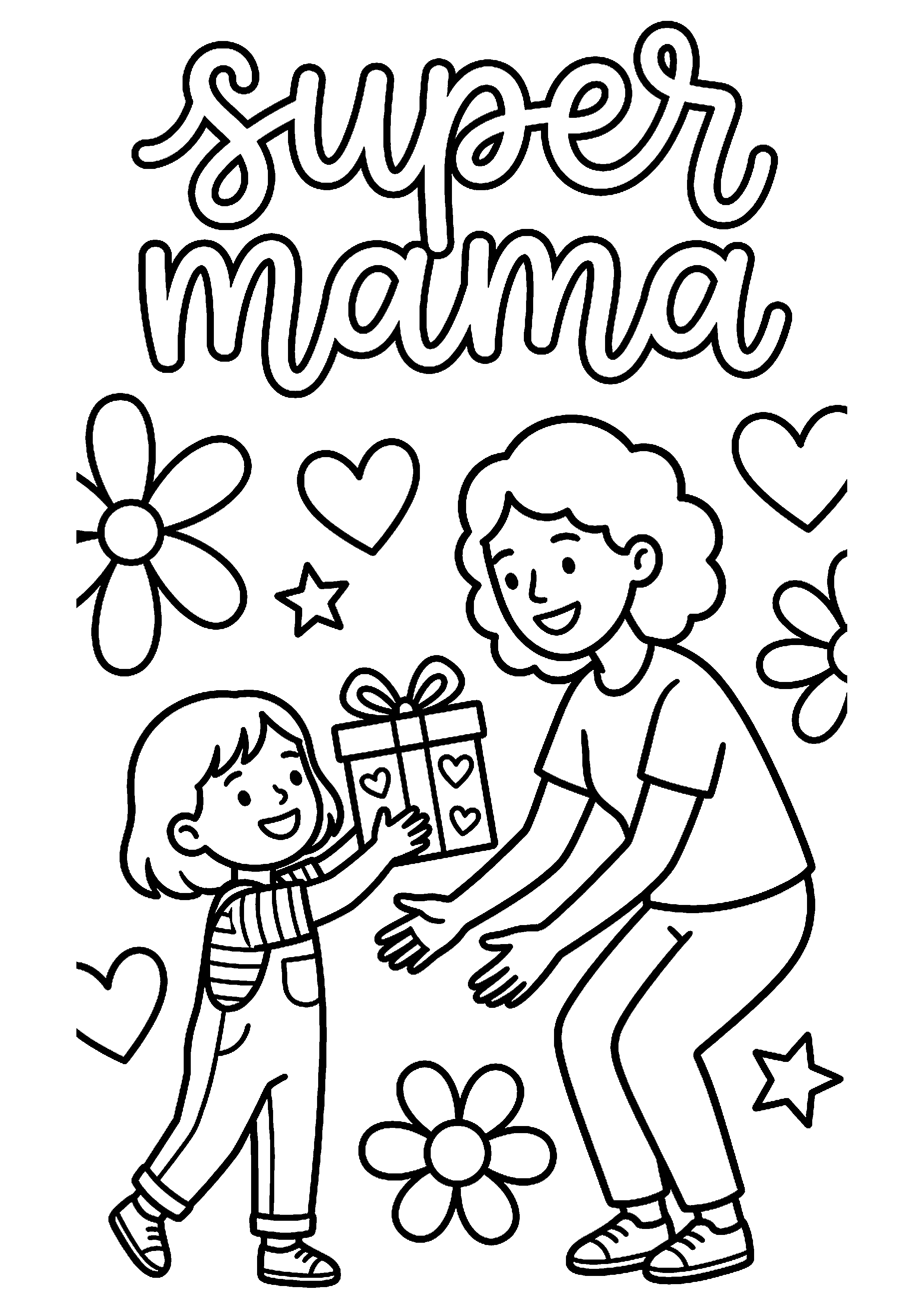Kind geeft cadeau aan moeder met tekst super mama kleurplaat — gratis kleurplaat