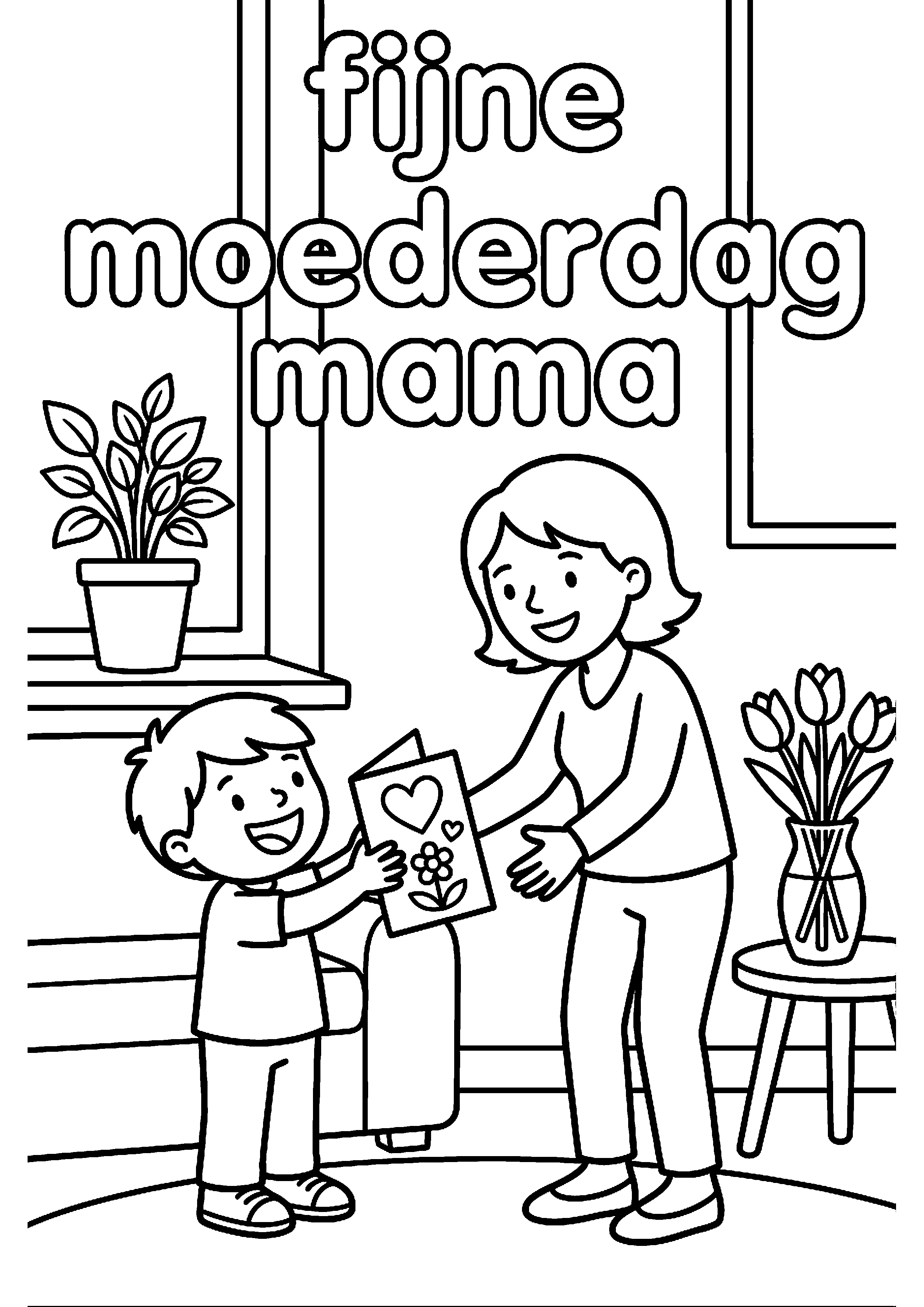 Kind geeft kaart aan moeder met tekst fijne moederdag kleurplaat — gratis kleurplaat