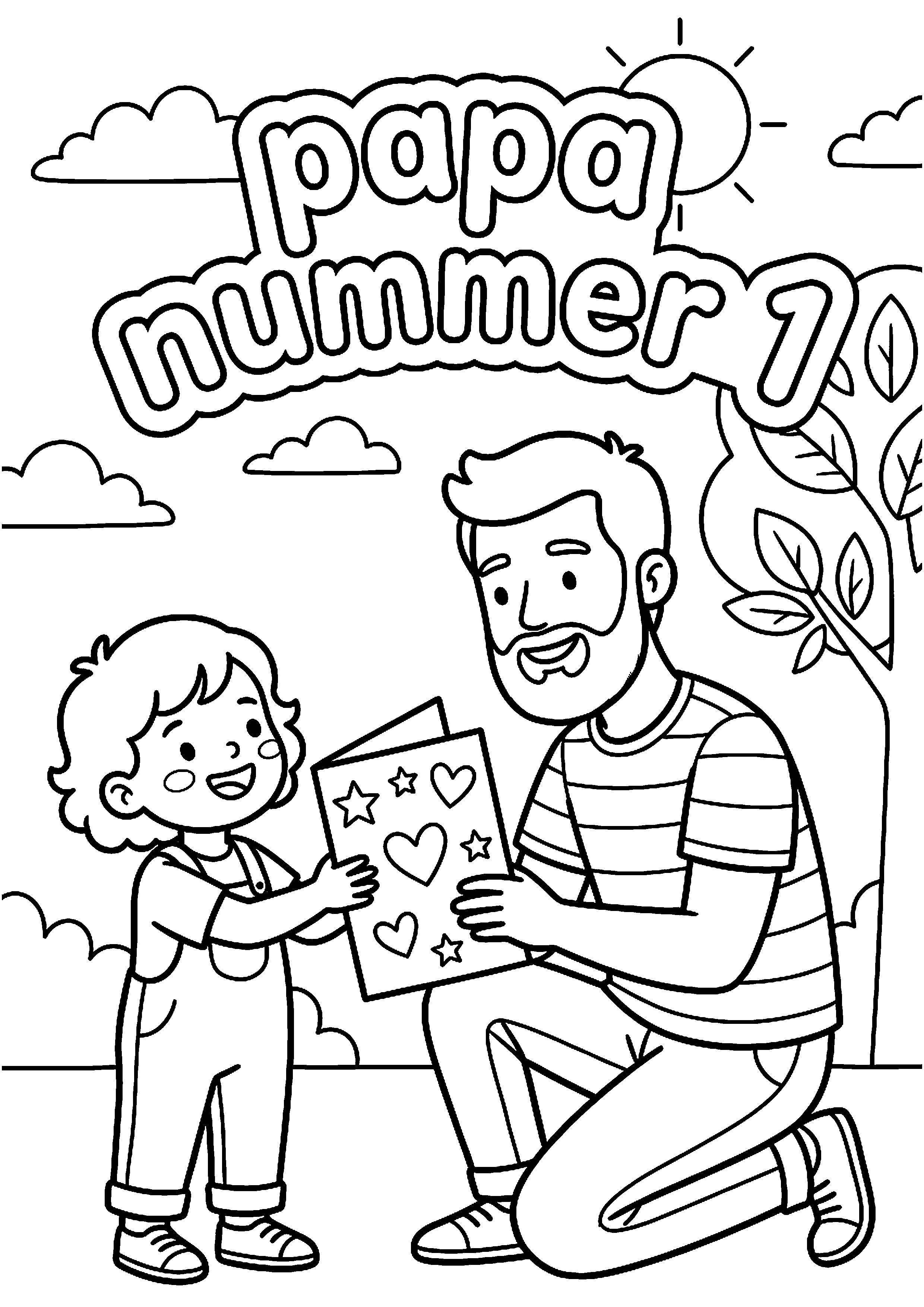 Kind geeft kaart aan vader met tekst papa nummer 1 kleurplaat — gratis kleurplaat