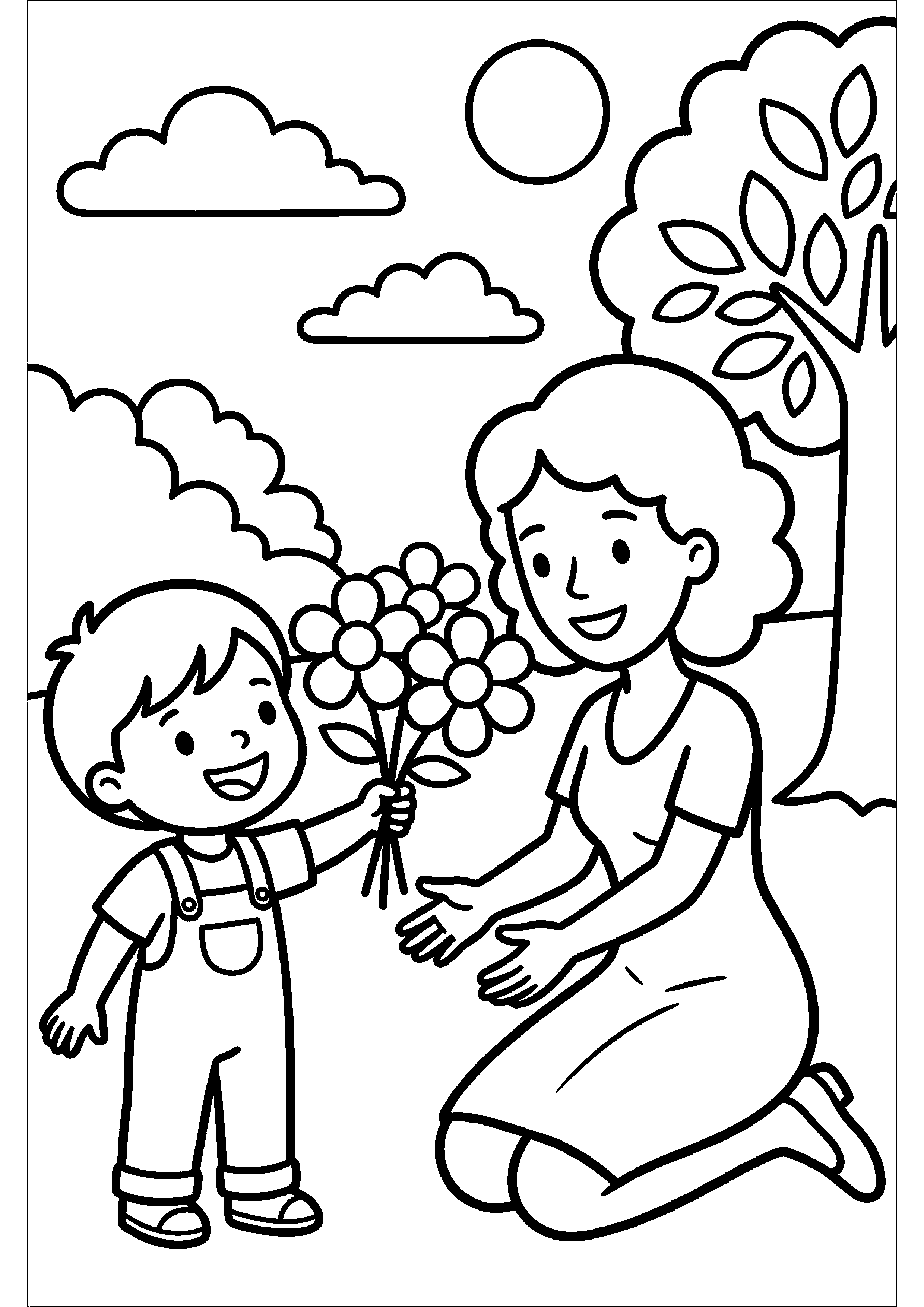 Kind geeft moeder bloemen kleurplaat — gratis kleurplaat