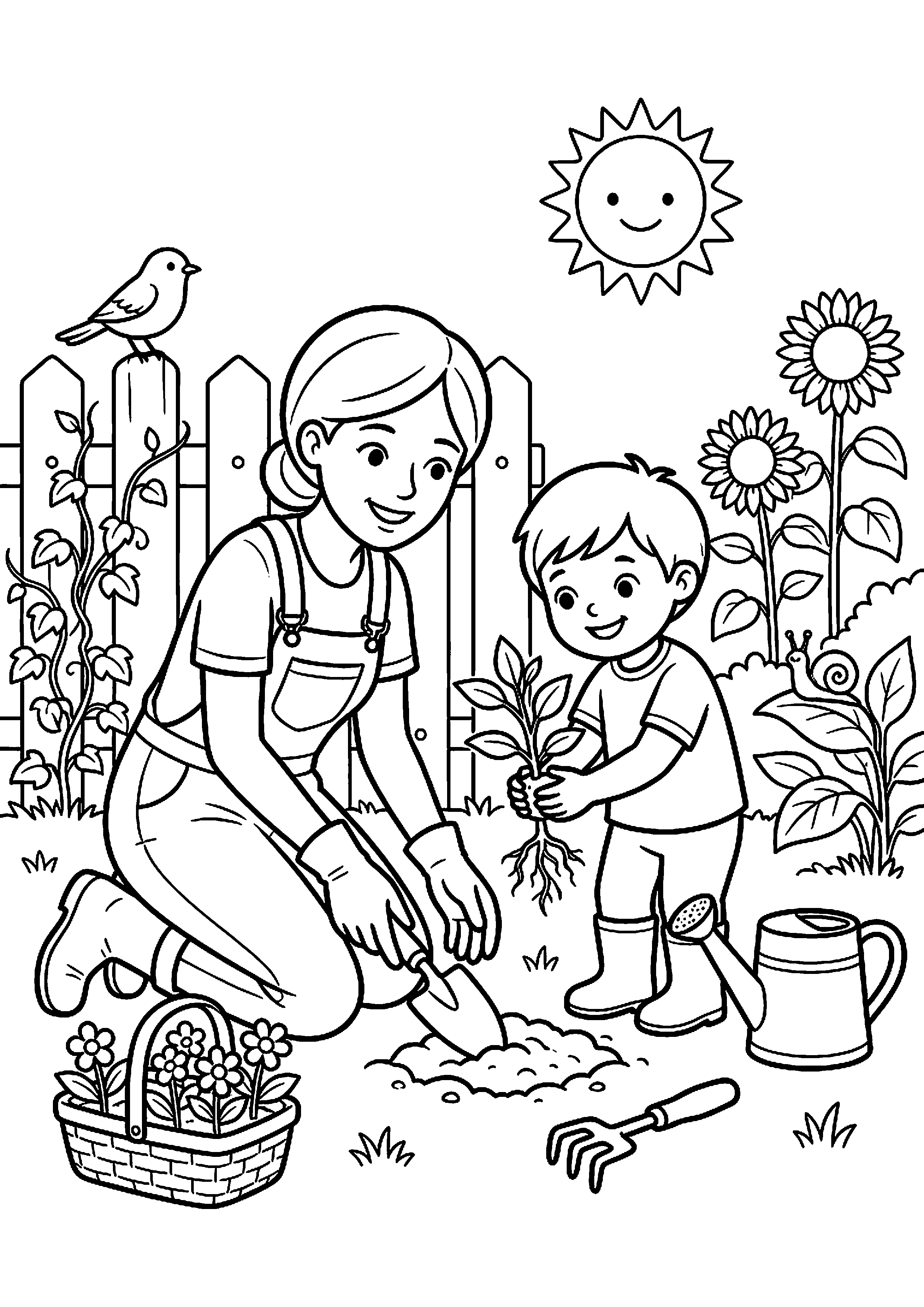 Kind helpt moeder in tuin kleurplaat — gratis kleurplaat