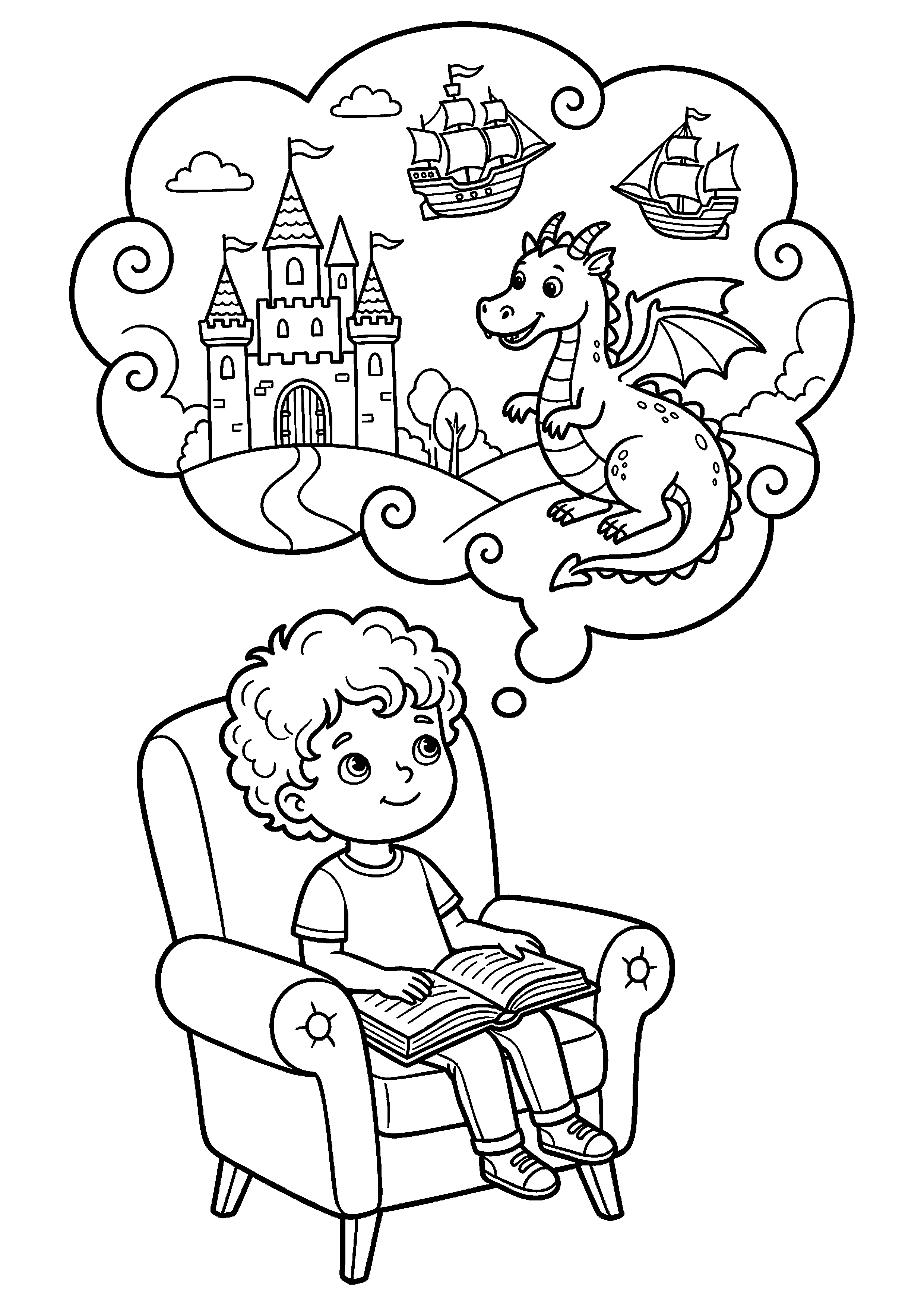 Kind leest boek en droomt van fantasiewereld kleurplaat — gratis kleurplaat