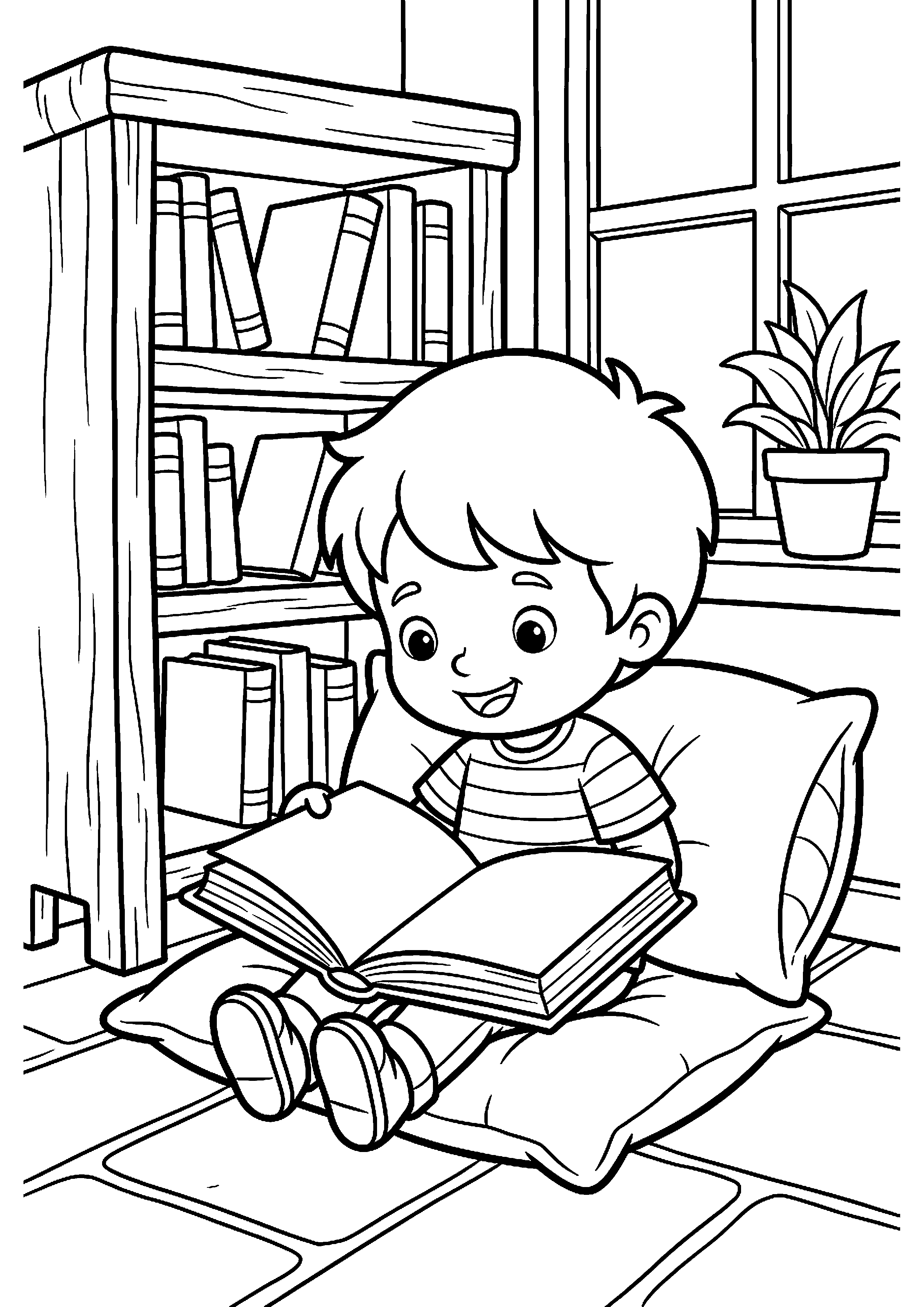 Kind leest boek in bibliotheek kleurplaat — gratis kleurplaat