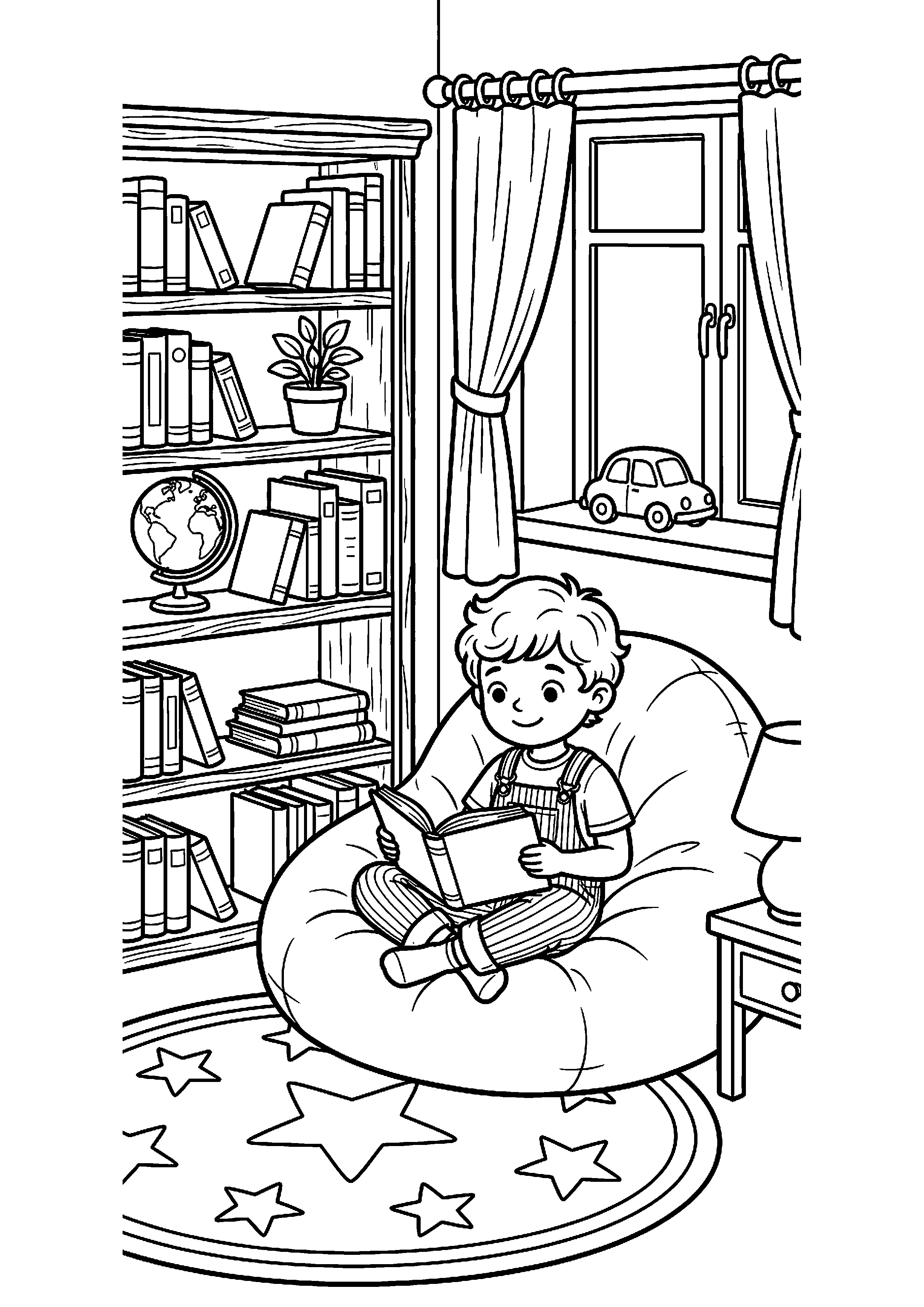 Kind leest boek in leeshoek kleurplaat — gratis kleurplaat