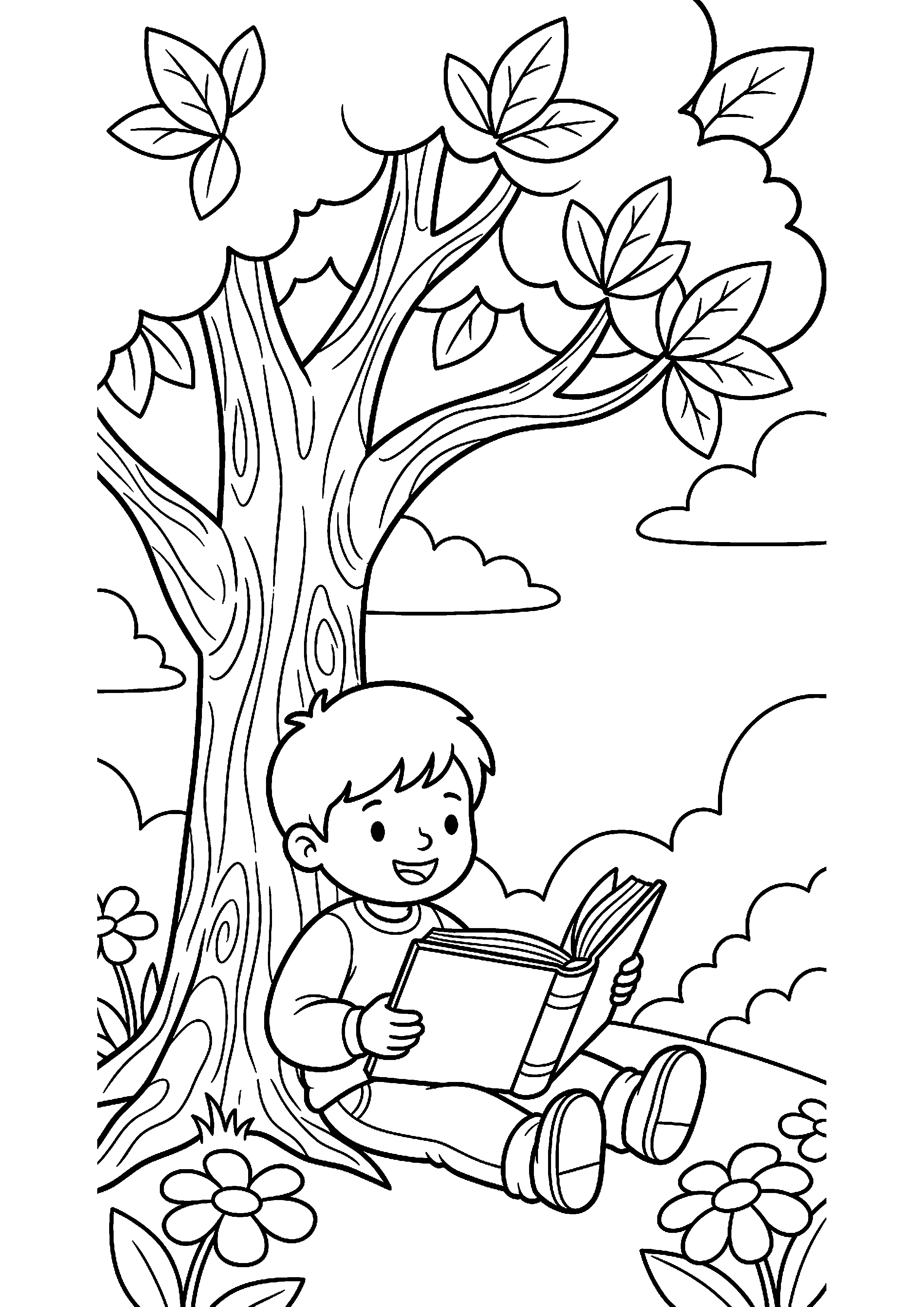 Kind leest boek onder een boom kleurplaat — gratis kleurplaat