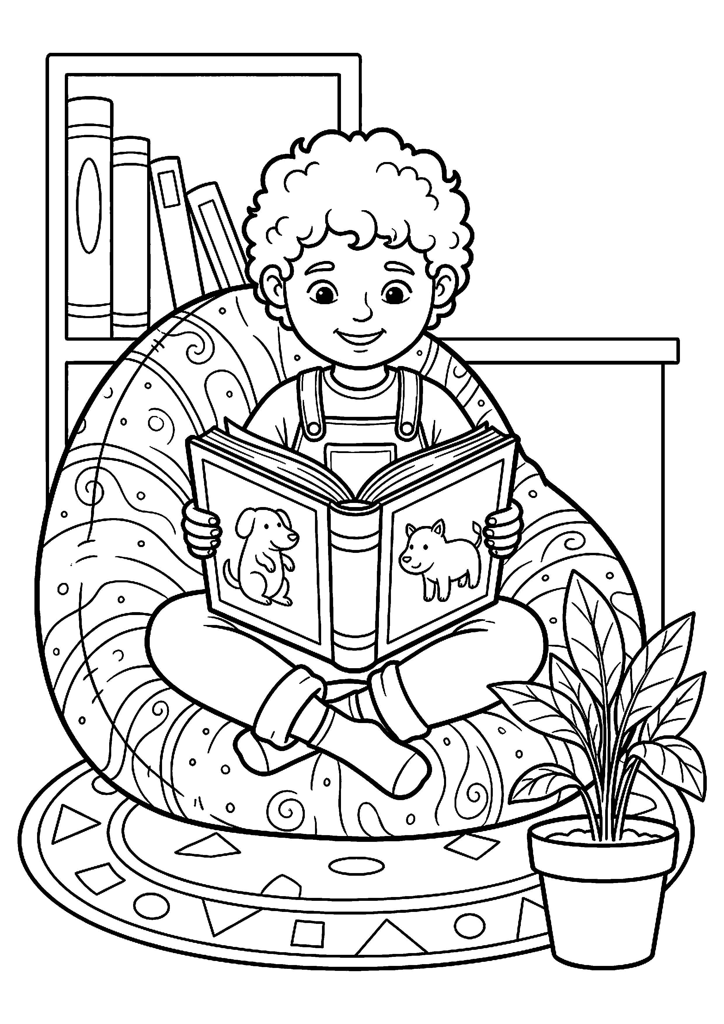 Kind leest boek op zitzak kleurplaat — gratis kleurplaat
