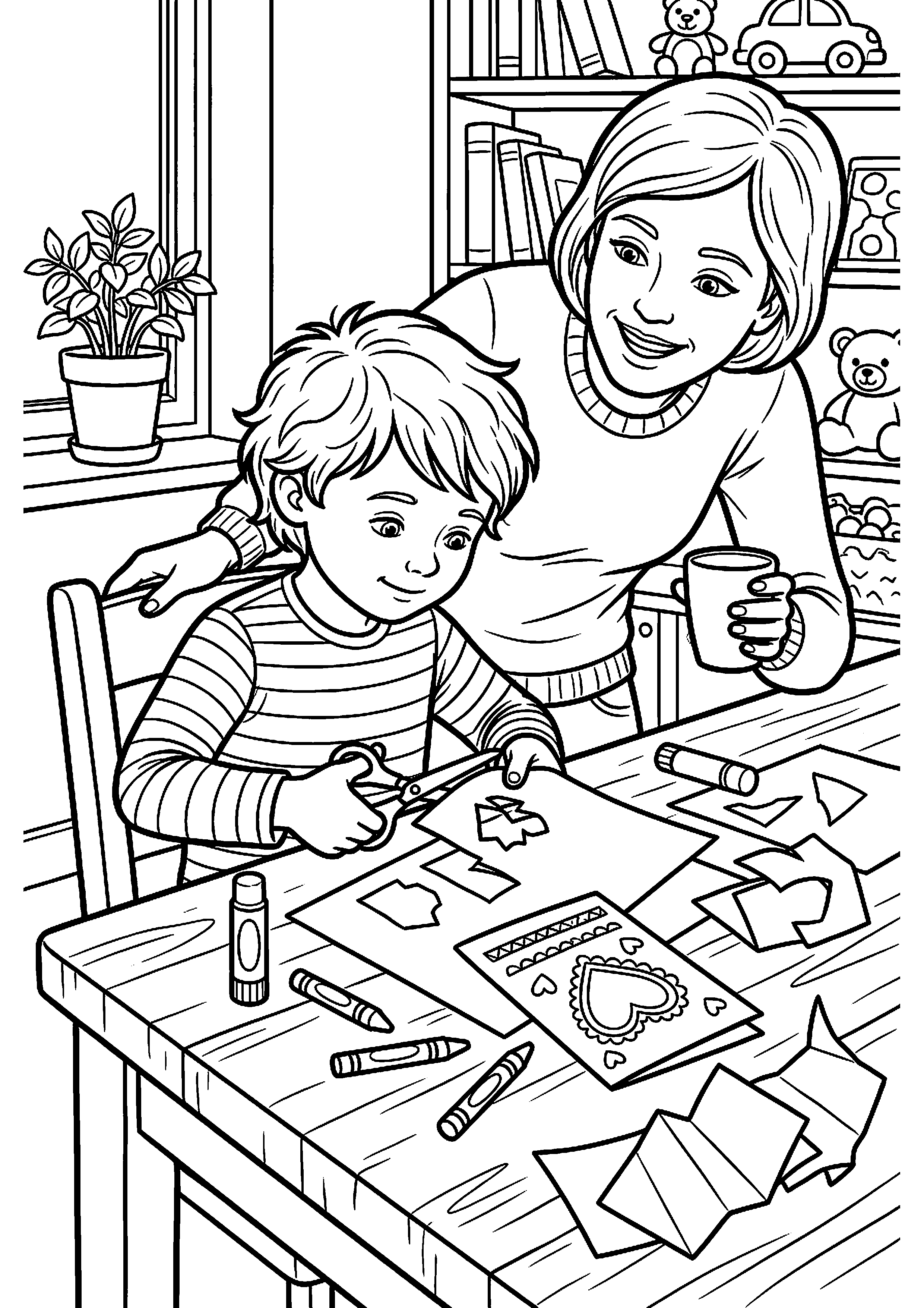 Kind maakt knutselwerk voor moeder kleurplaat — gratis kleurplaat