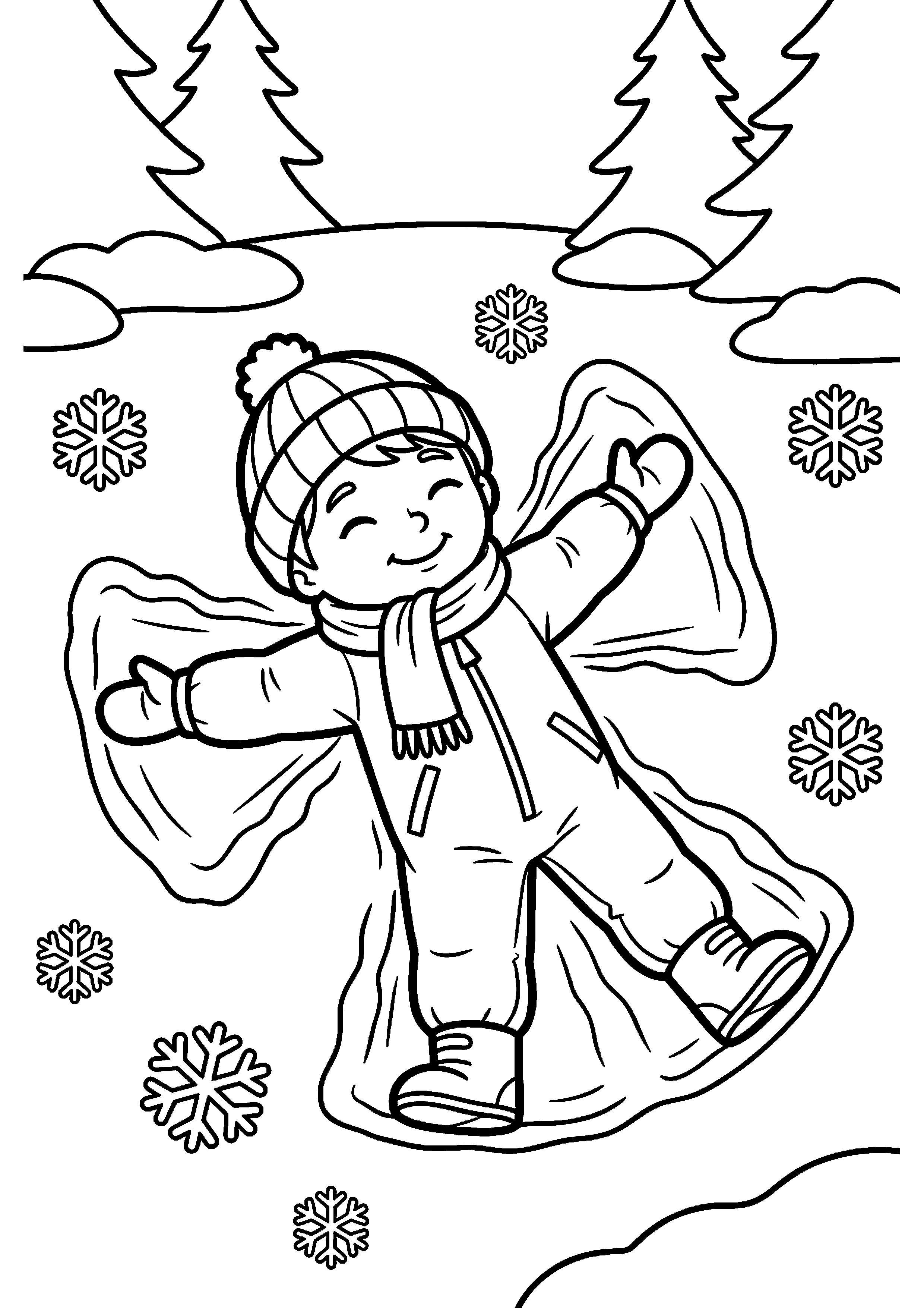 Kind maakt sneeuwengel kleurplaat — gratis kleurplaat