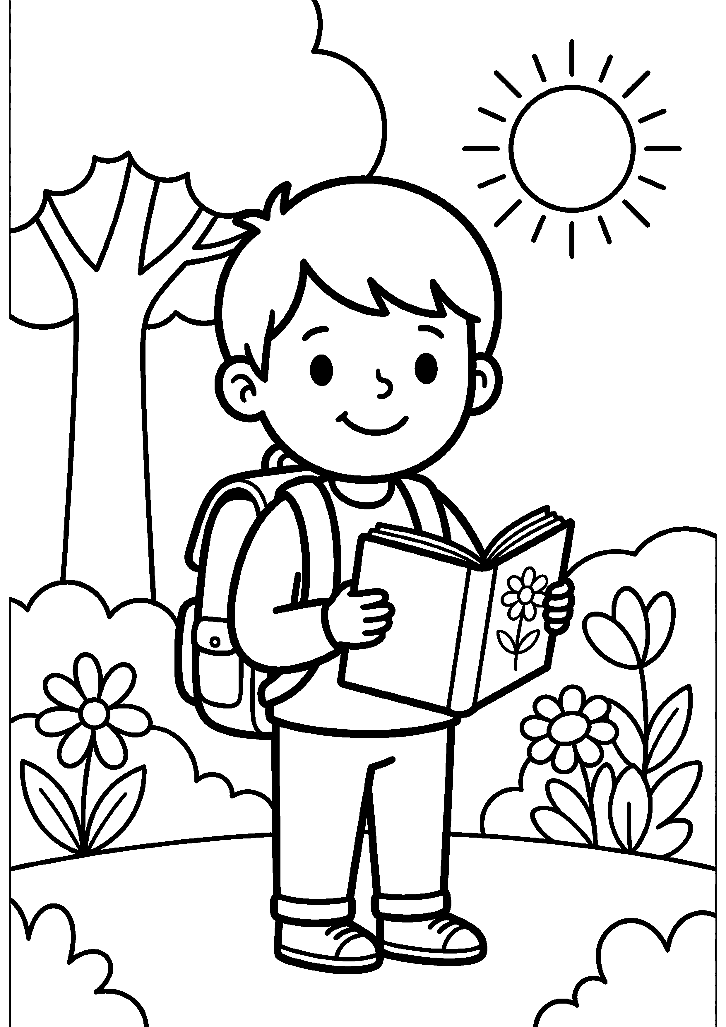 Kind met boekentas en boek kleurplaat — gratis kleurplaat