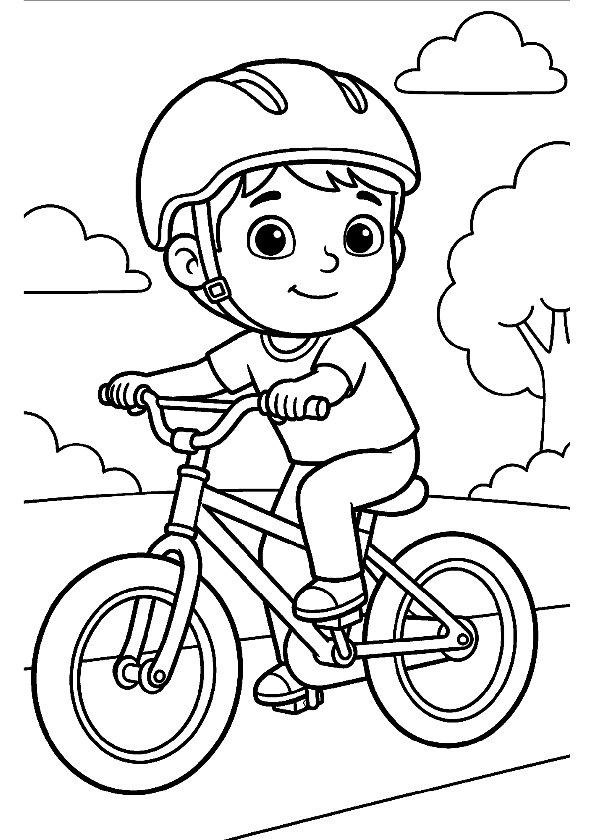 Kind met helm op fiets kleurplaat