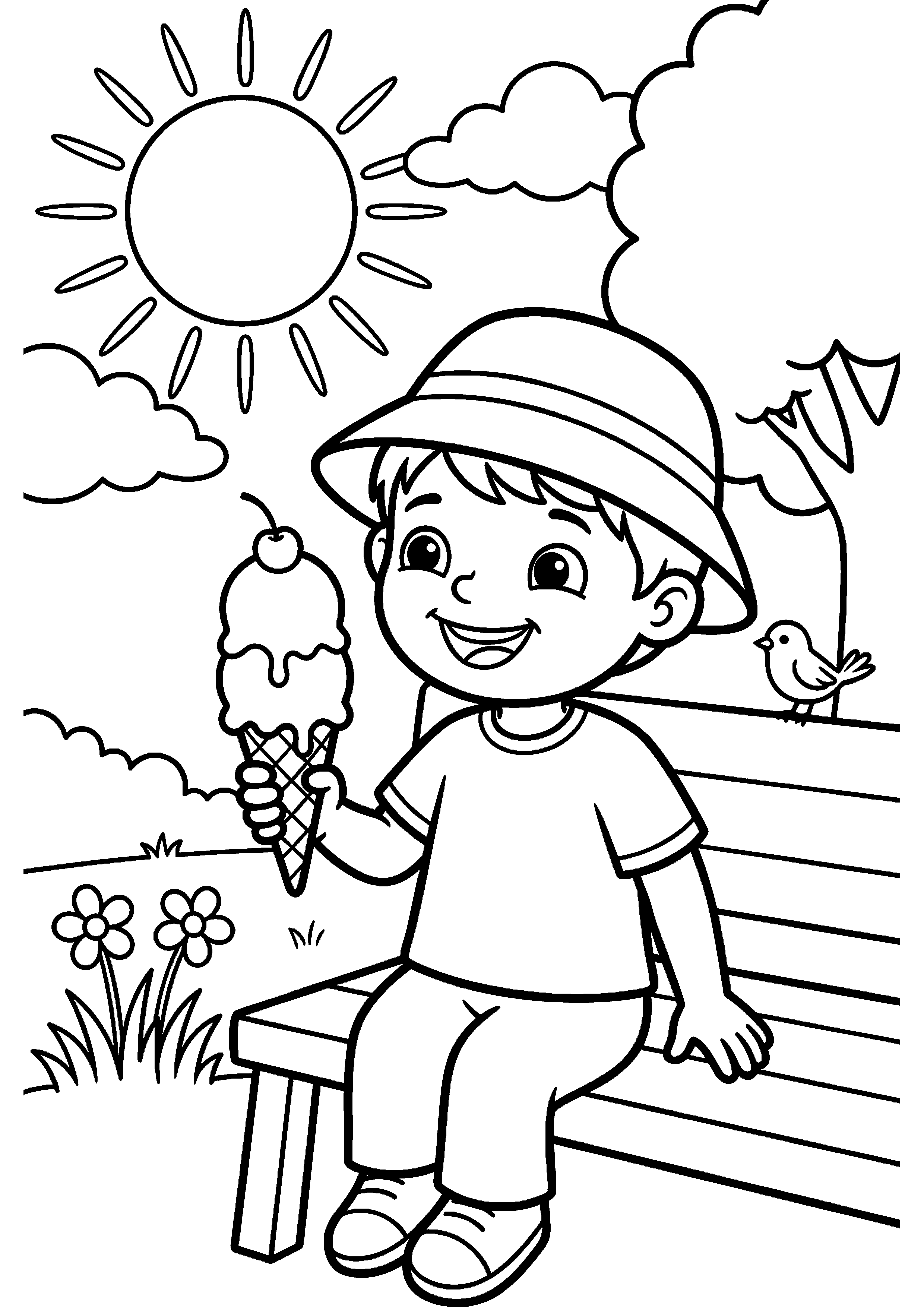 Kind met ijsje op warme dag kleurplaat — gratis kleurplaat