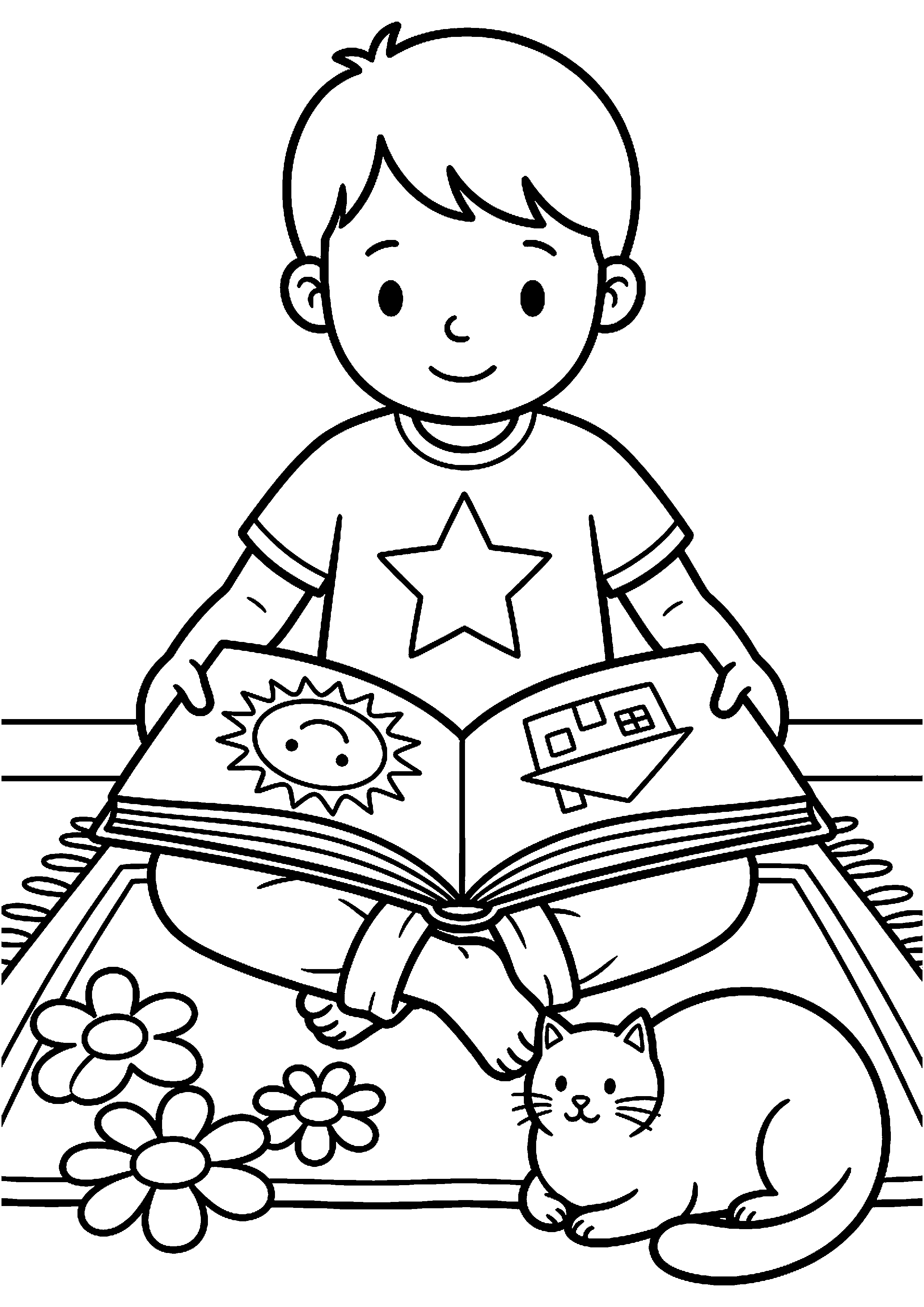 Kind met open boek kleurplaat — gratis kleurplaat