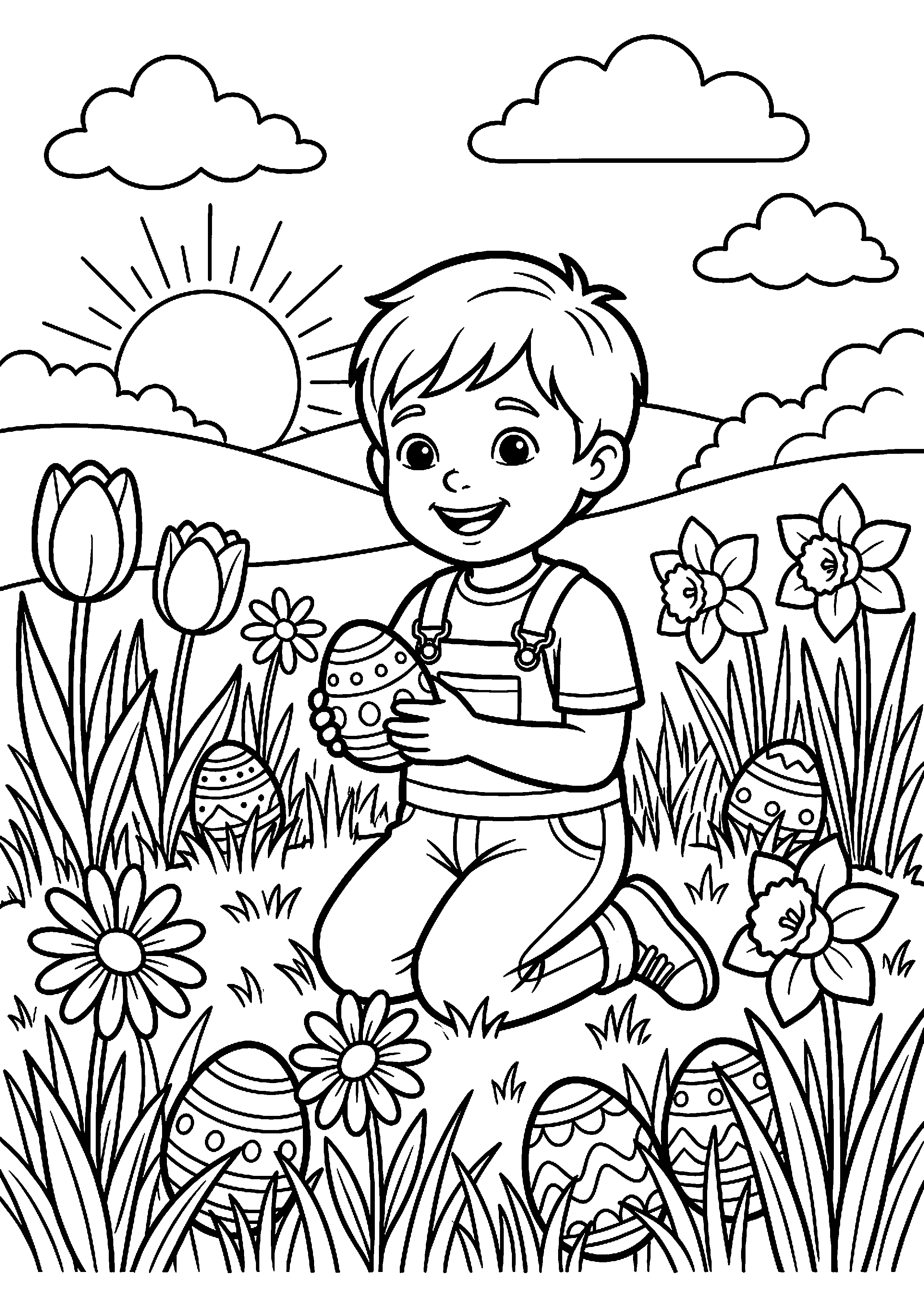 Kind met paasei in bloemenveld kleurplaat