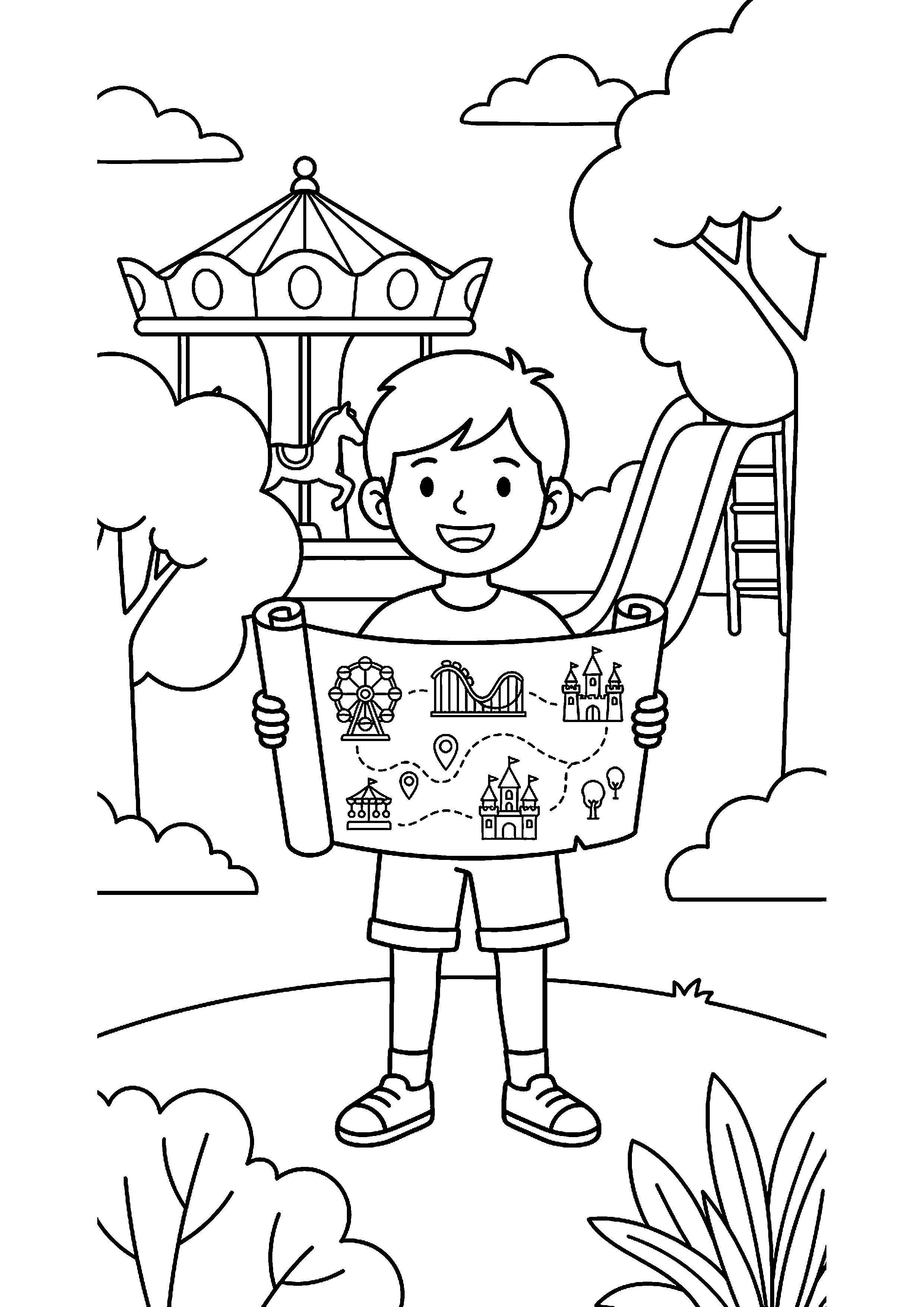 Kind met pretparkkaart kleurplaat — gratis kleurplaat