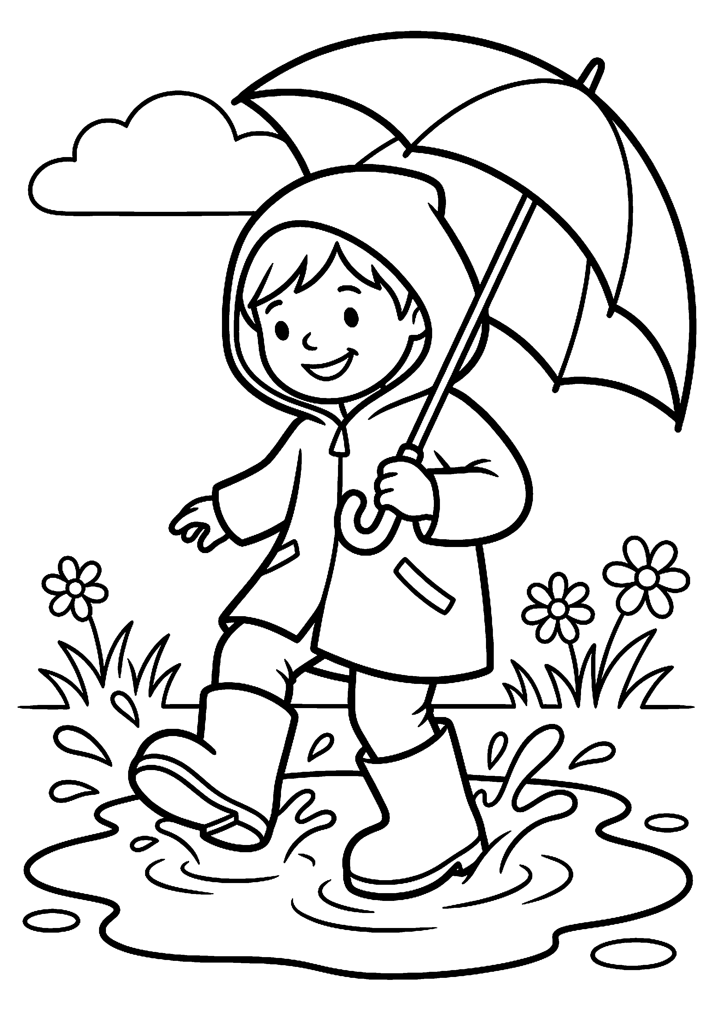 Kind met regenlaarzen in plas kleurplaat — gratis kleurplaat