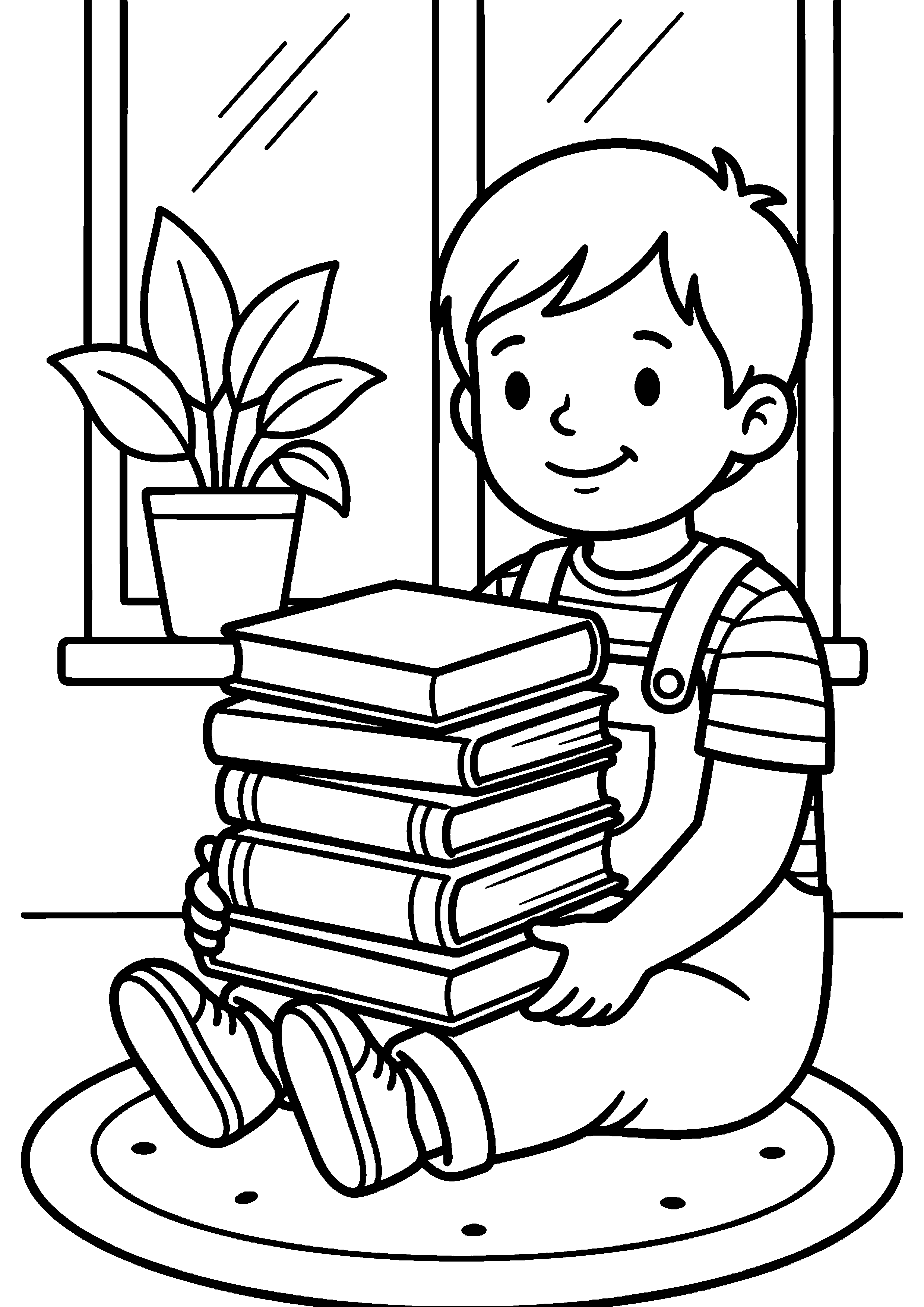 Kind met stapel boeken kleurplaat — gratis kleurplaat