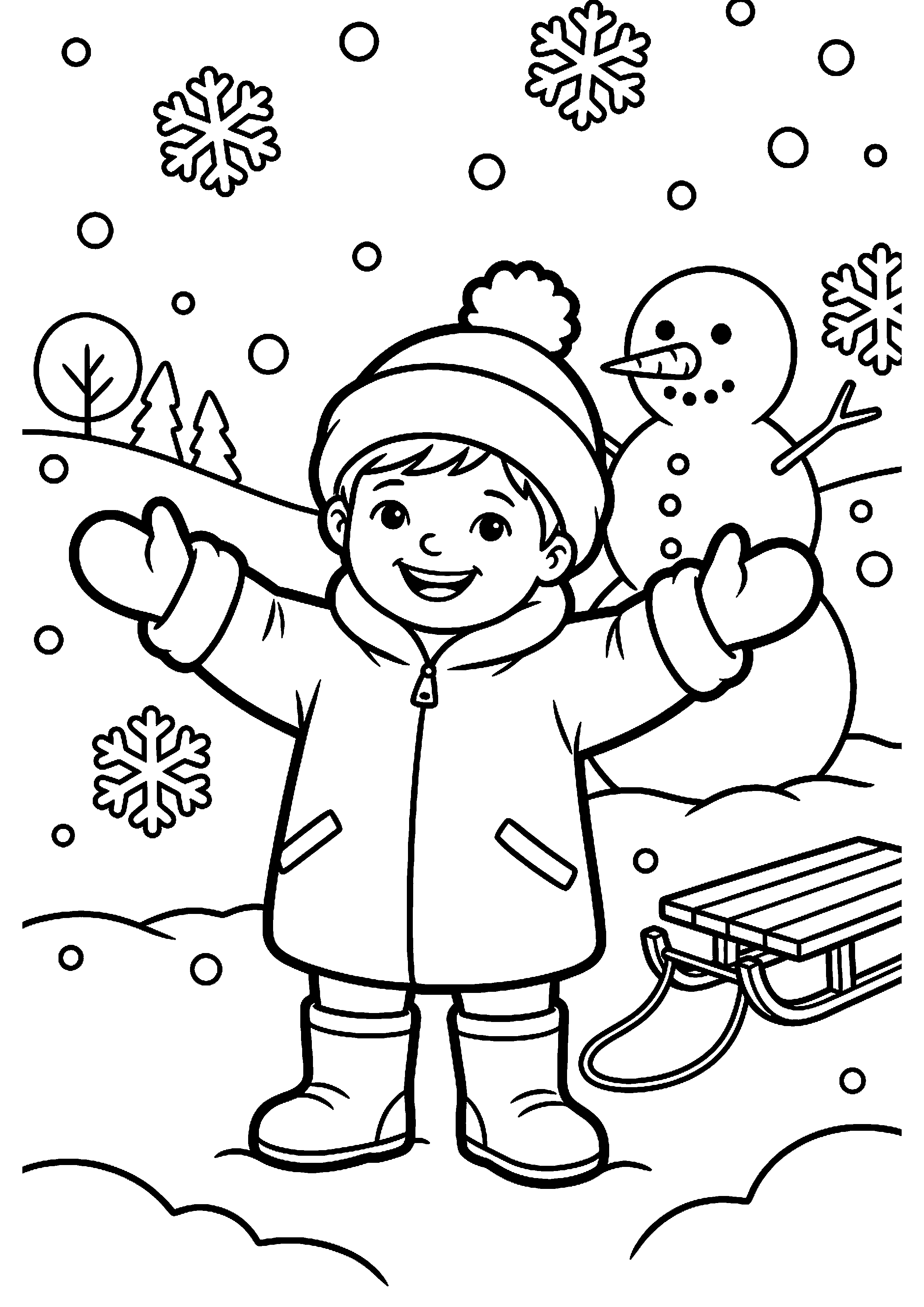 Kind met wanten in sneeuw kleurplaat — gratis kleurplaat