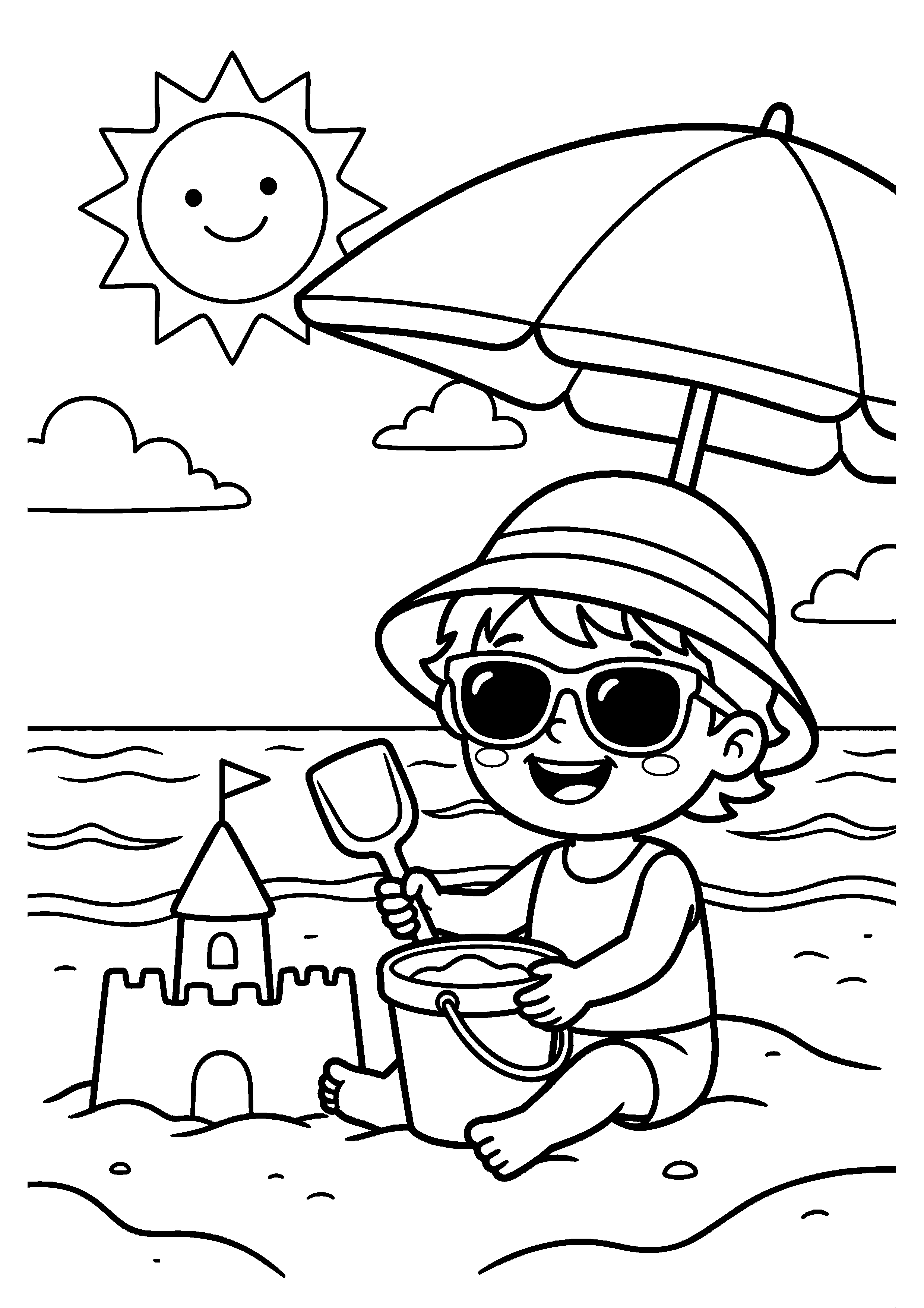 Kind met zonnebril op strand kleurplaat — gratis kleurplaat