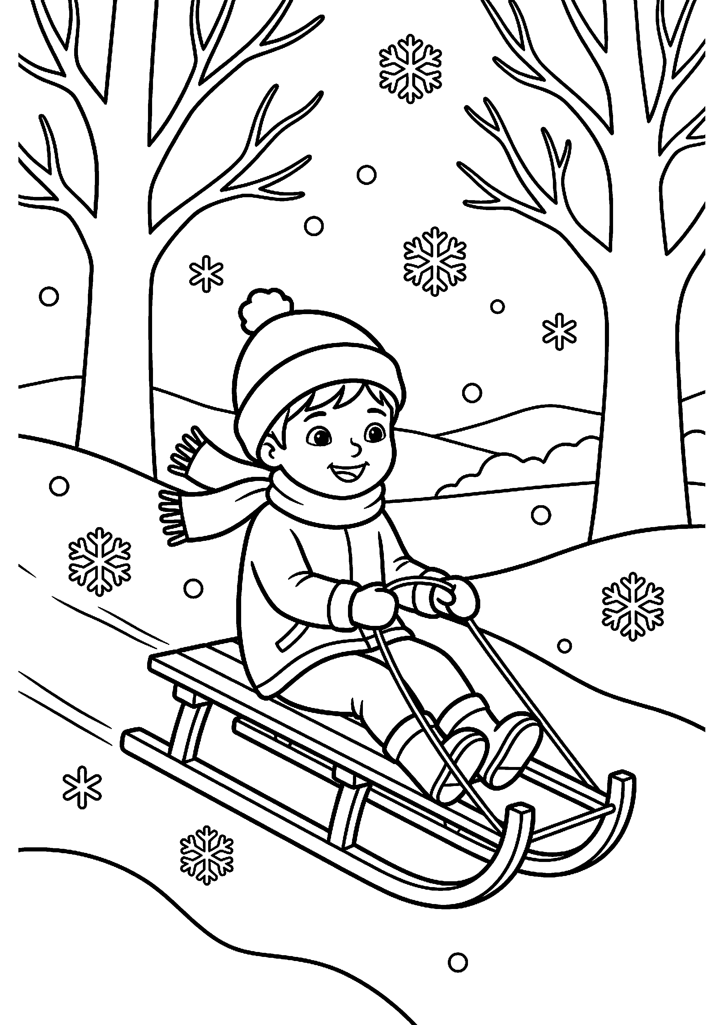 Kind op slee kleurplaat — gratis kleurplaat
