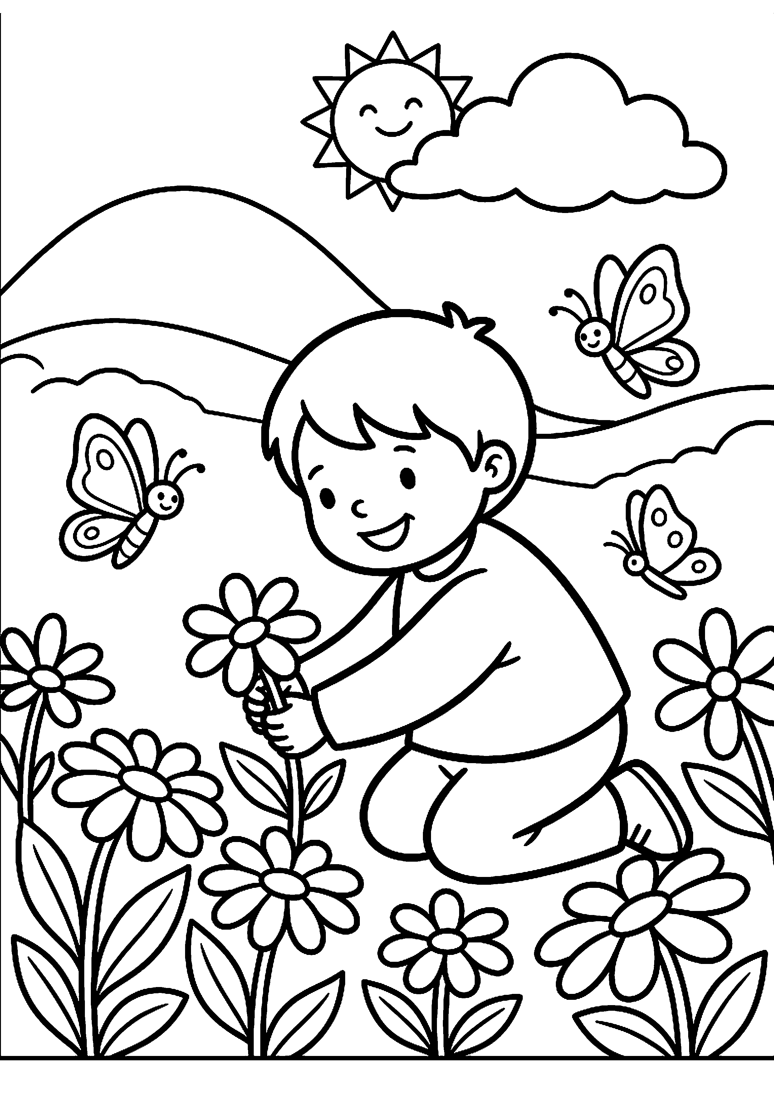Kind plukt bloemen kleurplaat — gratis kleurplaat